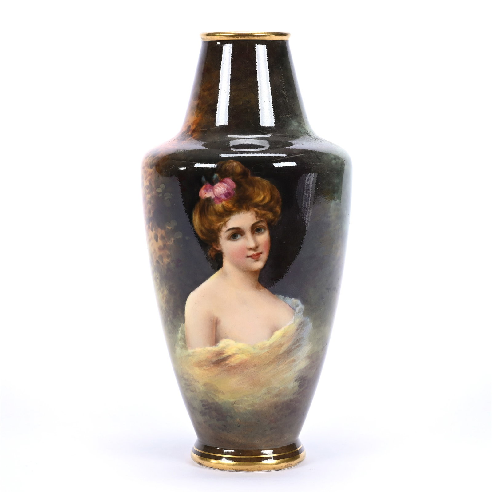 Vase Marked Royal Bonn, Yellow, Green And Brown Tones, Portrait Of Young Woman: Vase Marked Royal Bonn, Yellow, Green And Brown Tones, Portrait Of Young Woman, 8" x 4", Artist Signed, Estate Of Marvin And Elfriede MIller, North Dakota.