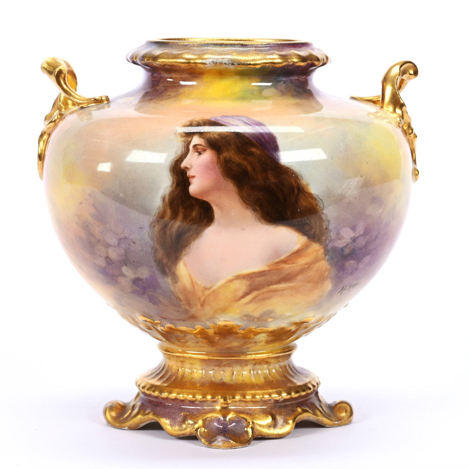 Pedestal Urn Marked Royal Bonn, Lavender, Yellow And Pink Tones, Artist Signed: Pedestal Urn Marked Royal Bonn, Lavender, Yellow And Pink Tones, Artist Signed, 6.25" x 5.75", Portrait Of Young Woman, No Lid, Estate Of Marvin And Elfriede MIller, North Dakota.