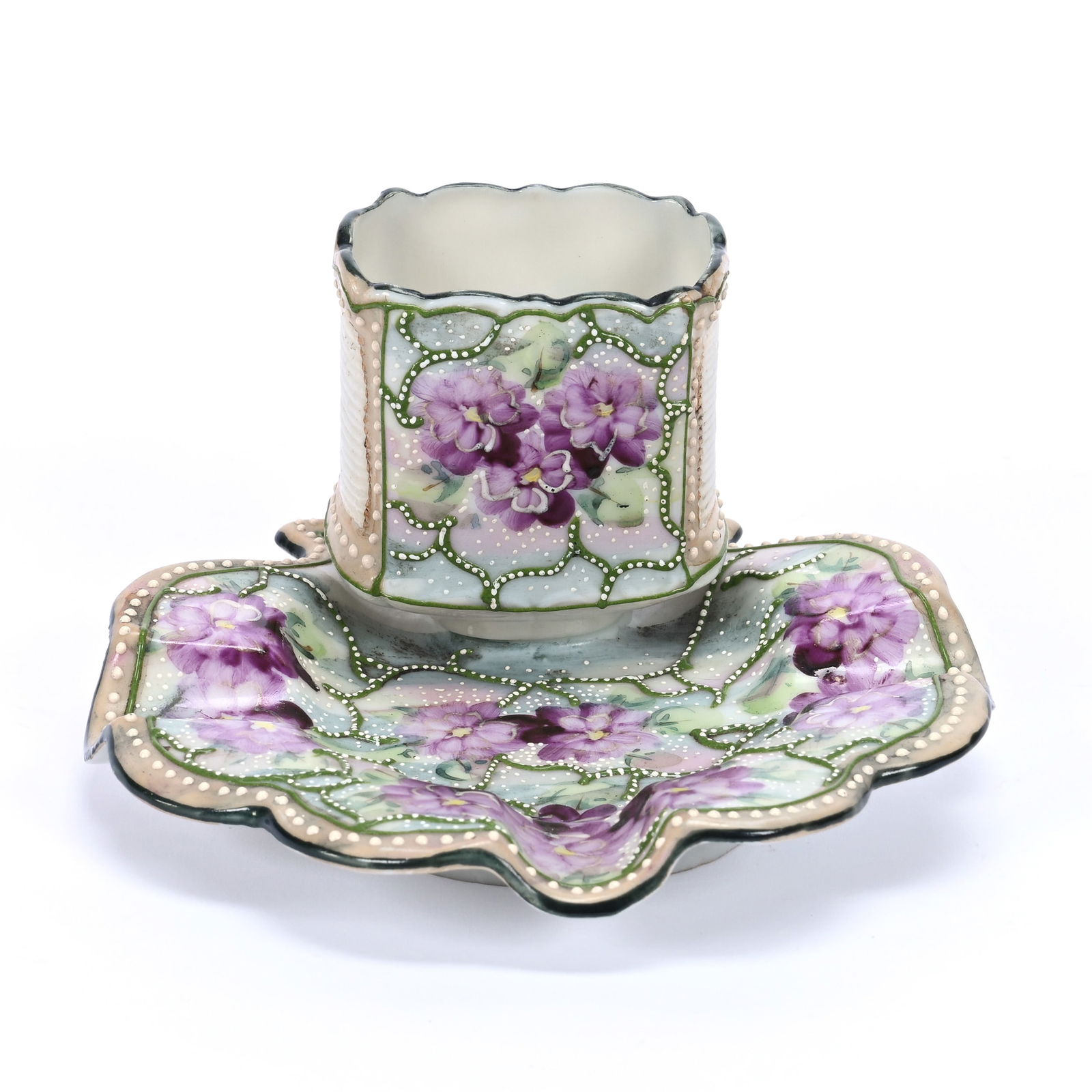 Ashtray W/Match Holder And Striker, Unmarked Nippon, Green And Brown Tones, Violet Decor: Ashtray W/Match Holder And Striker, Unmarked Nippon, Green And Brown Tones, Violet Decor, 2.75" x 5", Estate Of Marvin And Elfriede MIller, North Dakota.