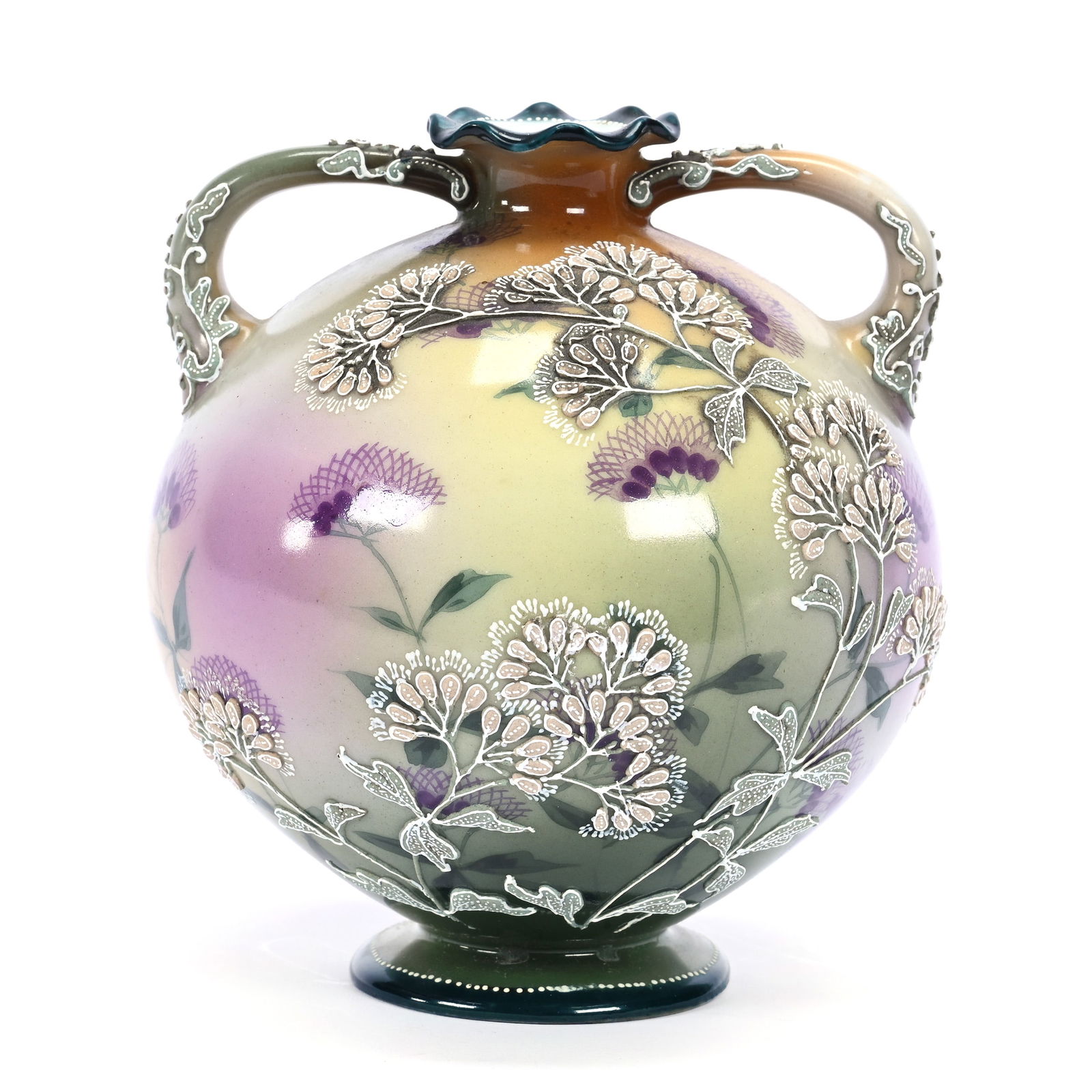 Vase, Two Handles, Marked Nippon, Green, Lavender And Yellow Tones, Floral Decor: Vase, Two Handles, Marked Nippon, Green, Lavender And Yellow Tones, Floral Decor, 5" x 4.5", Moriaga Highlights, Estate Of Marvin And Elfriede MIller, North Dakota.