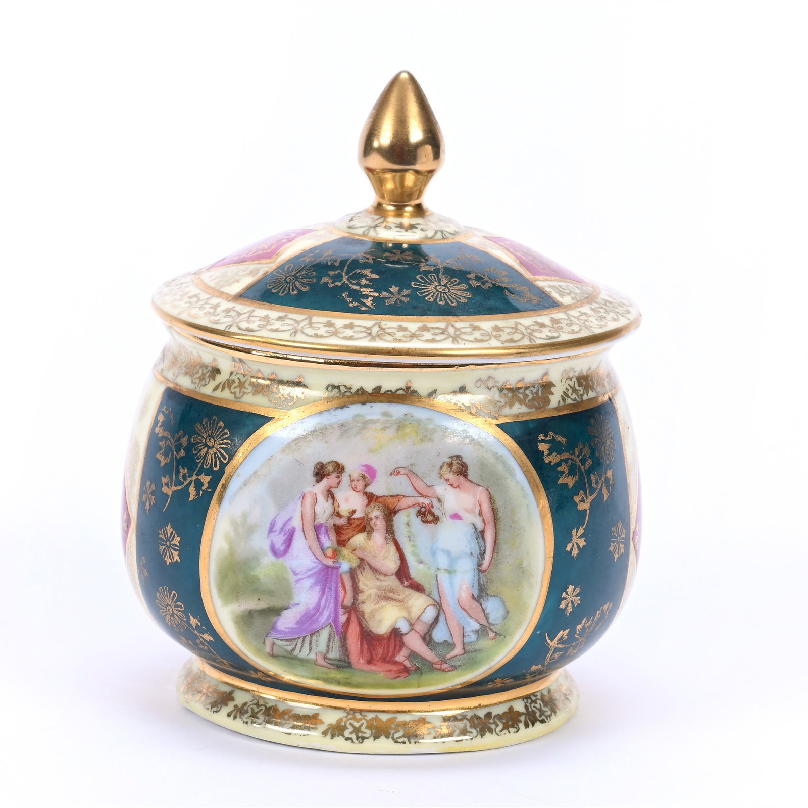 Covered Jar Marked Royal Vienna Beehive, Green, Burgundy And Yellow Tones, Classic Scenic Decor: Covered Jar Marked Royal Vienna Beehive, Green, Burgundy And Yellow Tones, Classic Scenic Decor, 4.5" x 3.5", Estate Of Marvin And Elfriede MIller, North Dakota.