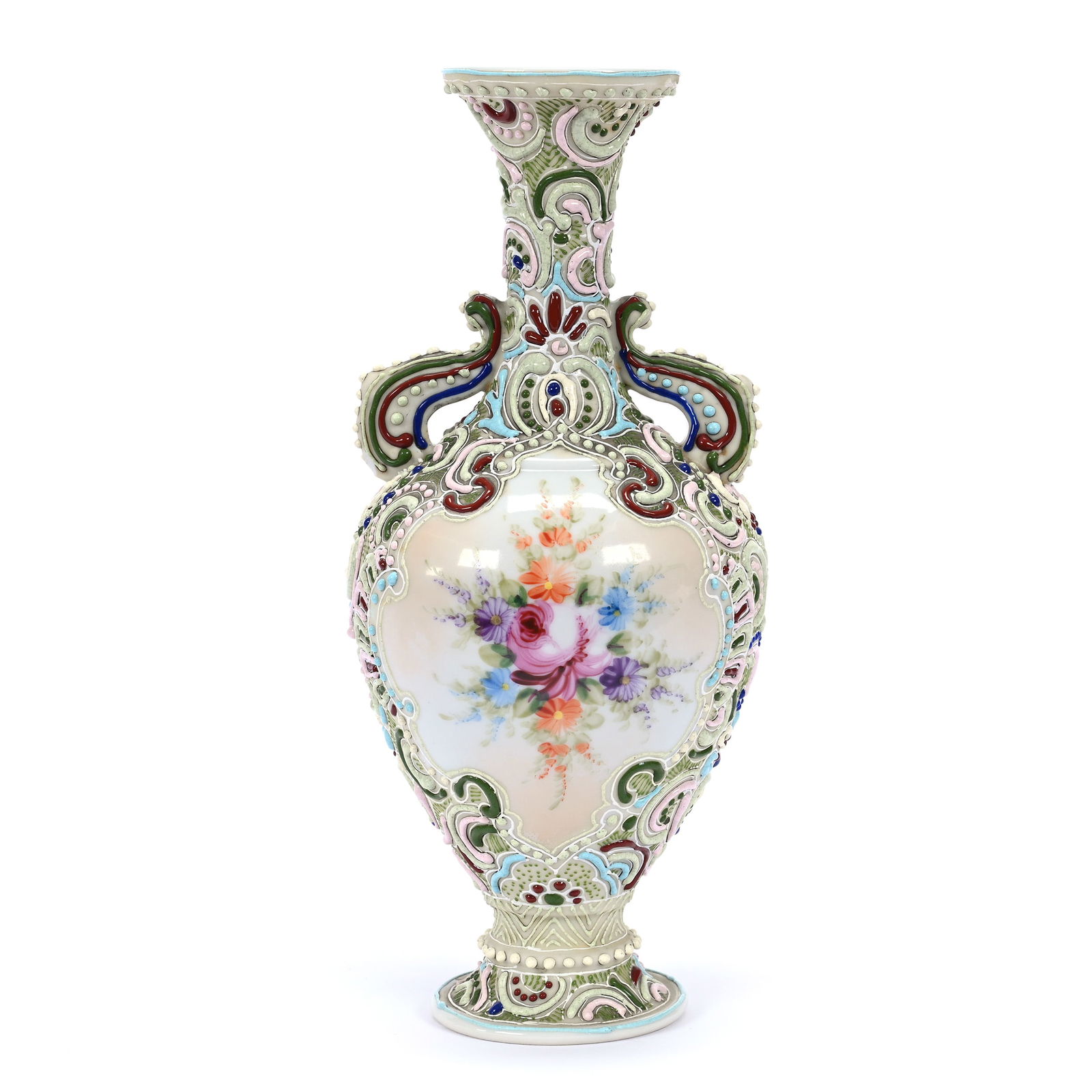 Pedestal Vase, Two Handles, Unmarked Nippon Style, Green Tones, Colorful Floral Decor: Pedestal Vase, Two Handles, Unmarked Nippon Style, Green Tones, Colorful Floral Decor, 7.75" x 3.5", Colorful Enamel Highlights, Estate Of Marvin And Elfriede MIller, North Dakota.