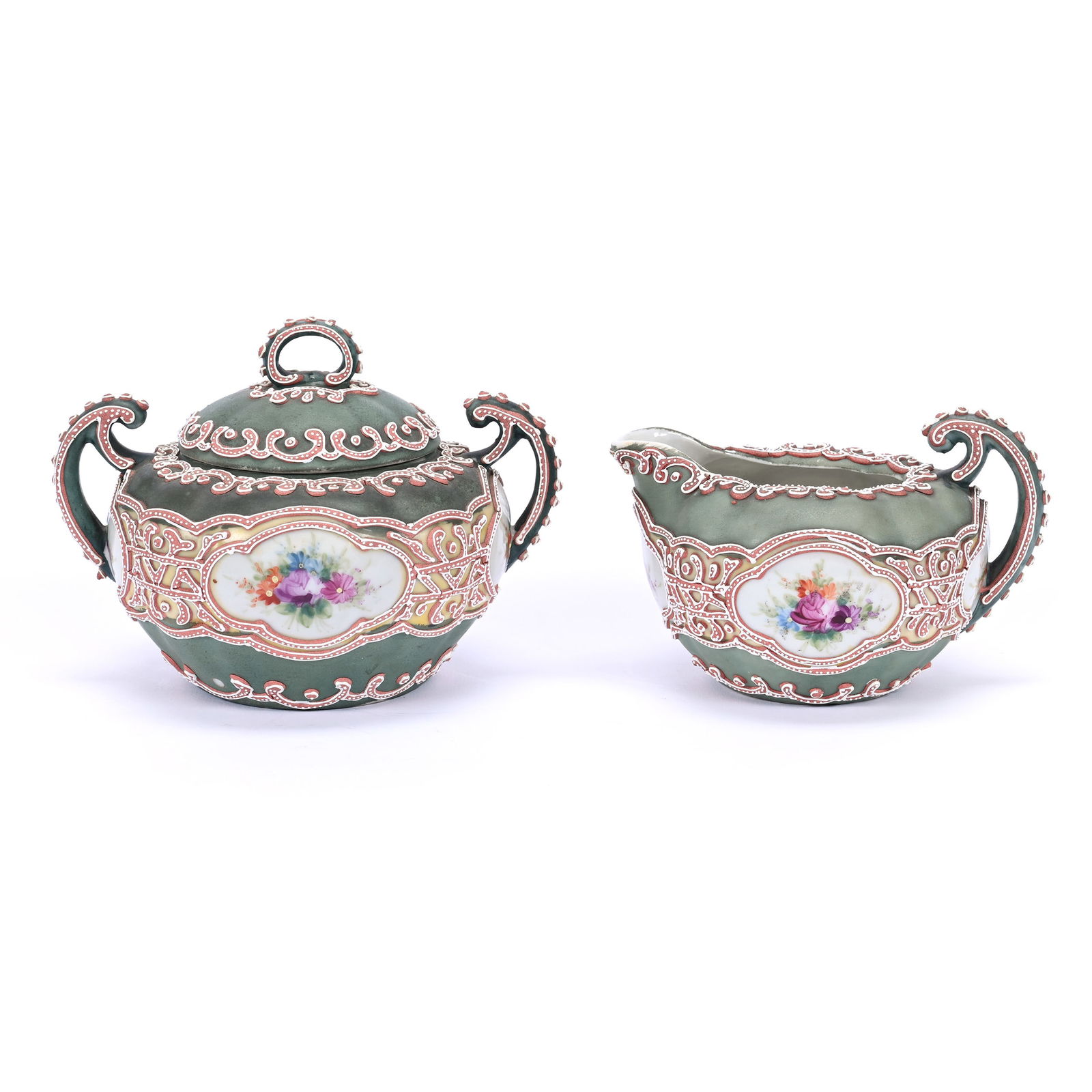 Creamer And Sugar, Unmarked Nippon, Green Tones, Colorful Floral Medallion: Creamer And Sugar, Unmarked Nippon, Green Tones, Colorful Floral Medallion, 3.75" x 5", Extensive Moriaga Highlights, Estate Of Marvin And Elfriede MIller, North Dakota.