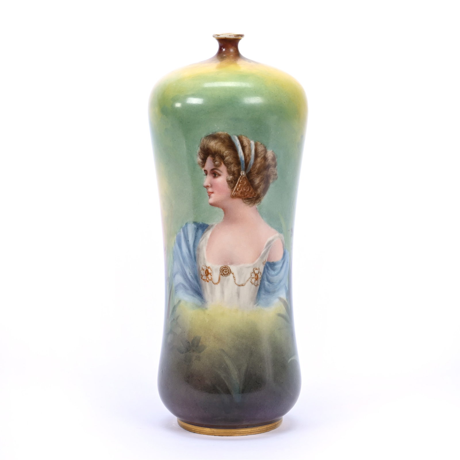 Vase Marked Royal Bonn, Green And Yellow Tones, Portrait Of Young Woman, Artist Signed: Vase Marked Royal Bonn, Green And Yellow Tones, Portrait Of Young Woman, Artist Signed, 8.5" x 3.5", Estate Of Marvin And Elfriede MIller, North Dakota.