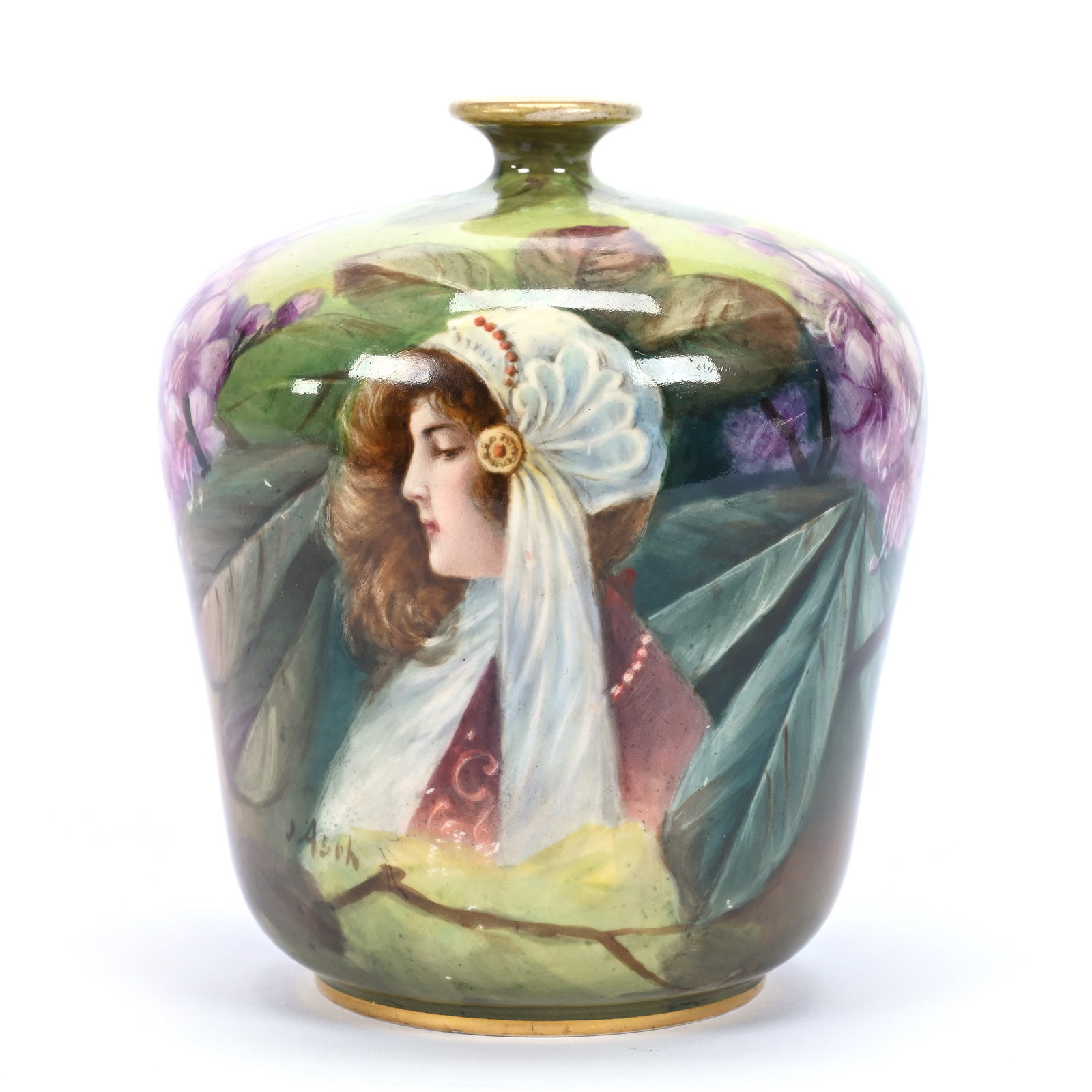 Vase Marked Royal Bonn, Green And Yellow Tones, Portrait Of Young Woman: Vase Marked Royal Bonn, Green And Yellow Tones, Portrait Of Young Woman, 4.75" x 4", Estate Of Marvin And Elfriede MIller, North Dakota.