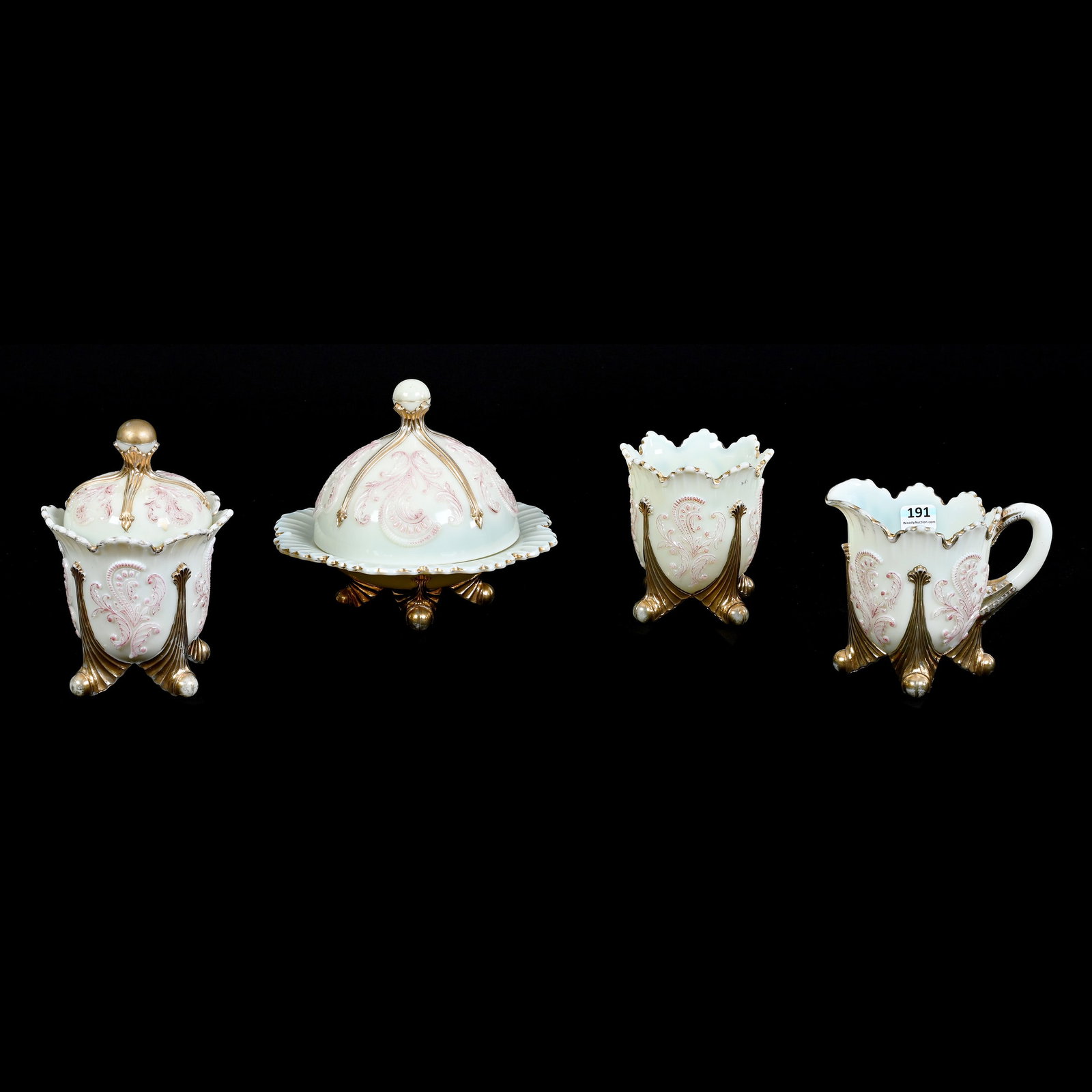 Table Set, Custard Glass Inverted Fan And Feather By Northwood, Pink And Gold Highlights: Table Set, Custard Glass Inverted Fan And Feather By Northwood, Pink And Gold Highlights, Set Includes Butterdish, Creamer, Sugar And Spooner, Highly Reactive Under Black Light, Estate Of Marvin And E