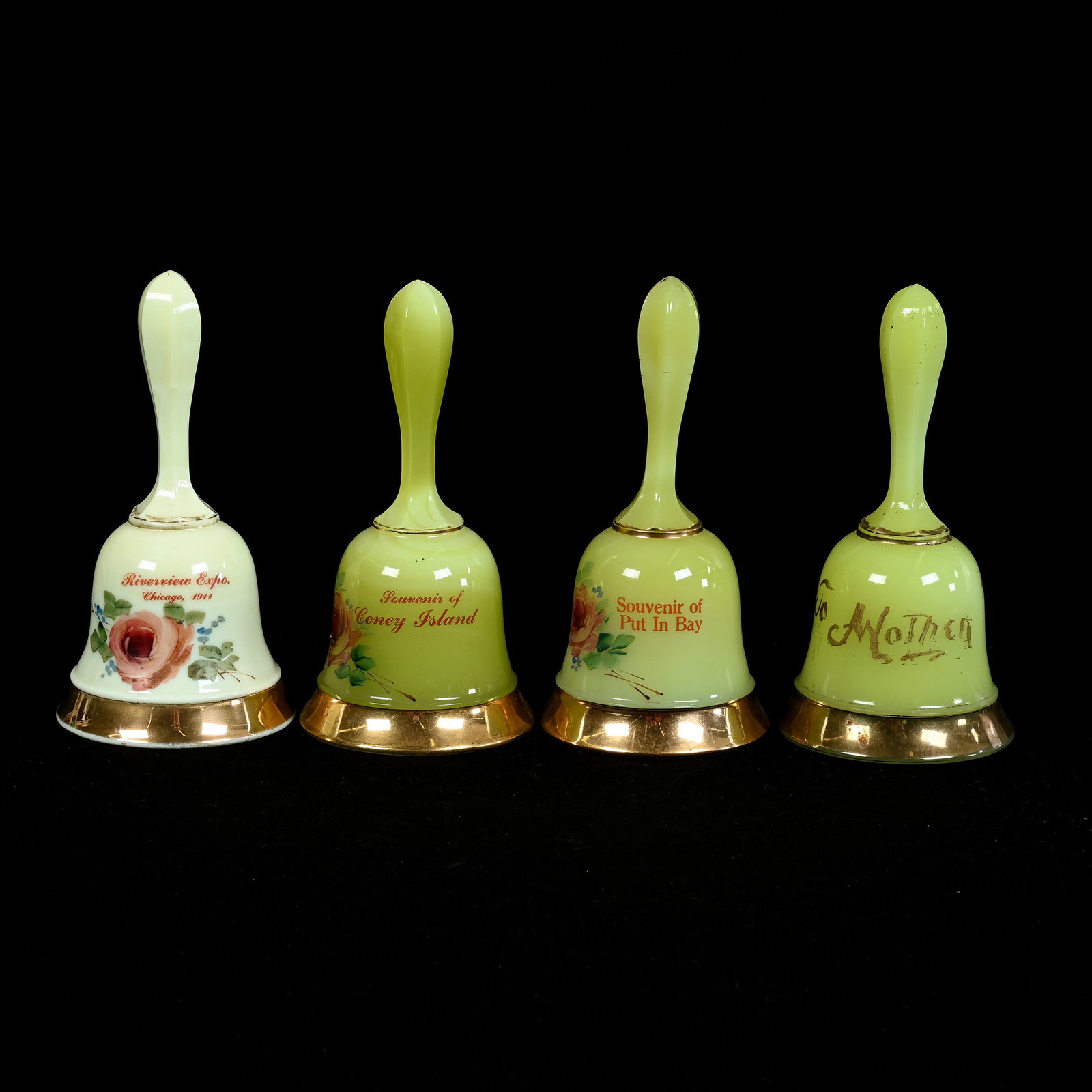 (4) Bells, Custard And Yellow Opaque: (4) Bells, Custard And Yellow Opaque, 6.25" x 3.25", (1) Riverview Expo, Chicago 1911, Custard, (1) Coney Island, Yellow Opaque, (1) Souvenir Of Put In Bay, Yellow Opaque, Replacement Clapper, (1) "To