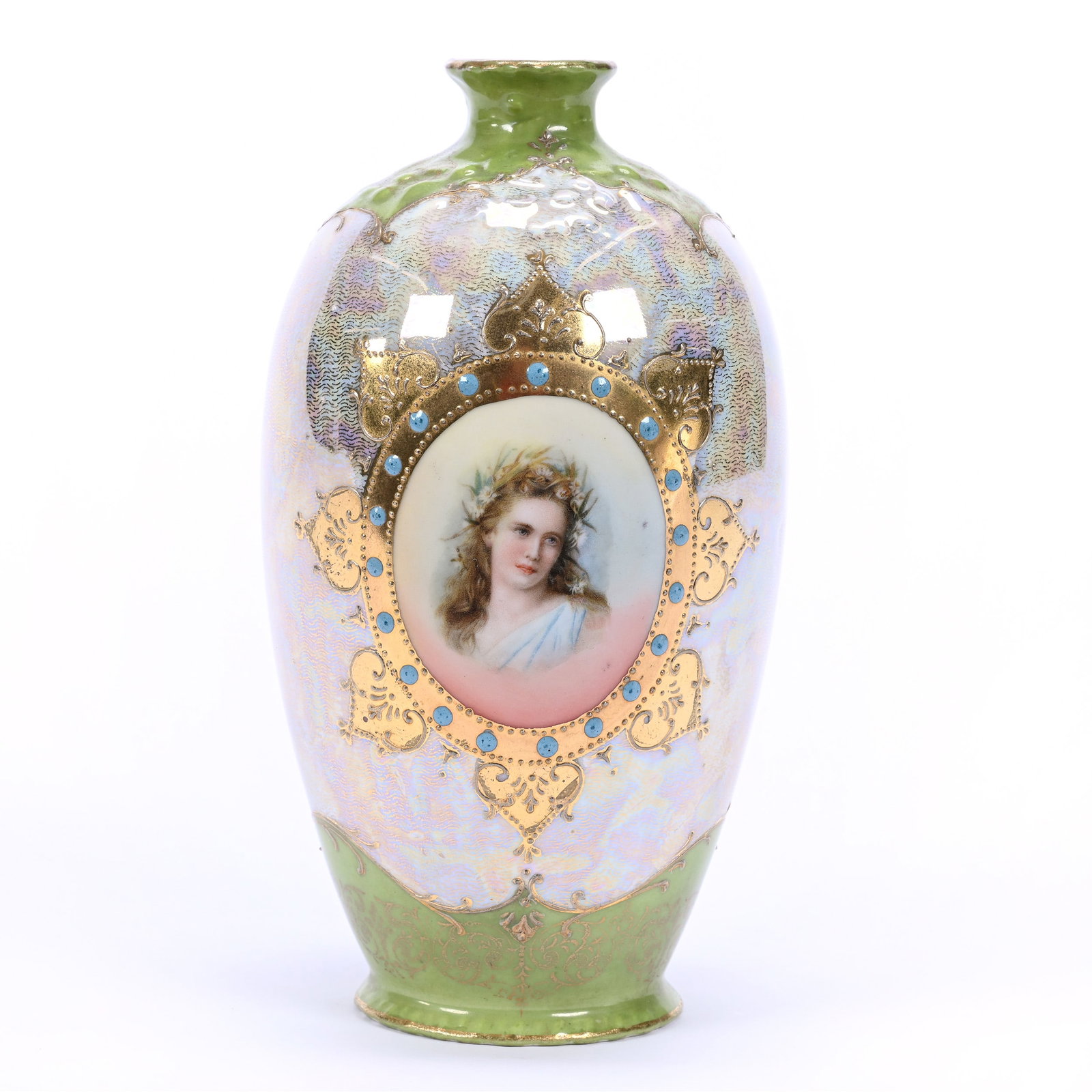 Vase Marked Royal Hapsburg, Iridescent White Body, Green Border, Medallion Portrait Of Young Woman: Vase Marked Royal Hapsburg, Iridescent White Body, Green Border, Medallion Portrait Of Young Woman, 6.5" x 3.75", Extensive Gold Stencil Highlights, Estate Of Marvin And Elfriede MIller, North Dakota.