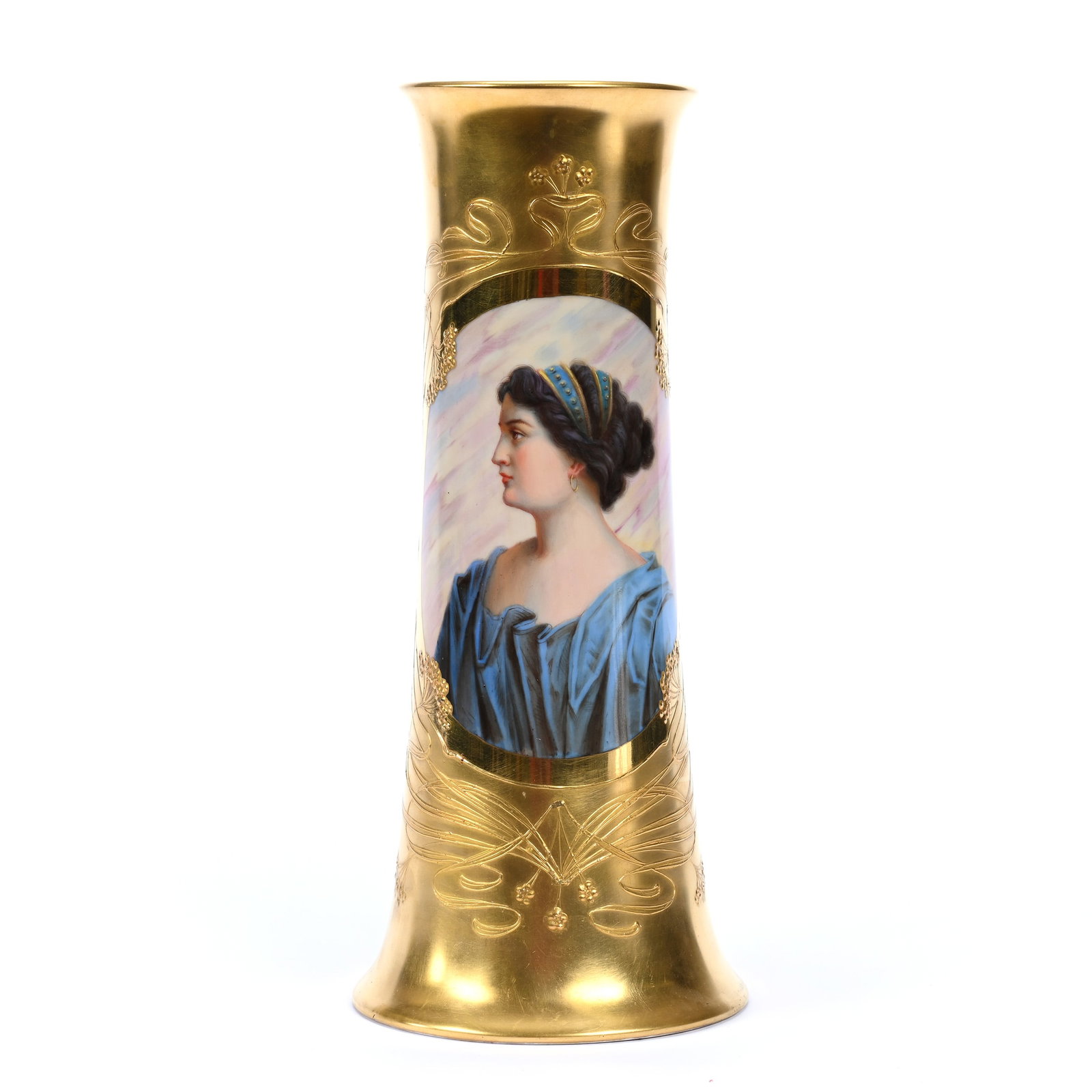 Vase Marked Dresden, Gold Background, Medallion Portrait Of Woman: Vase Marked Dresden, Gold Background, Medallion Portrait Of Woman, 11" x 4.75", Estate Of Marvin And Elfriede MIller, North Dakota.