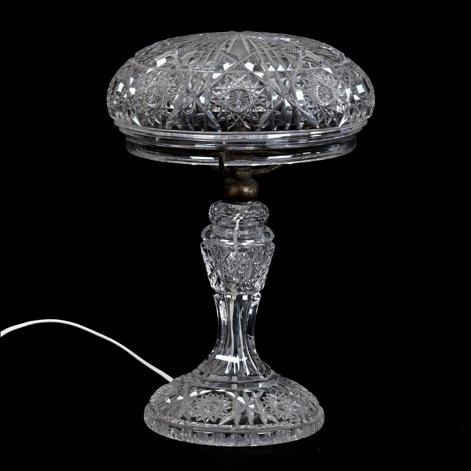 Table Lamp, American Brilliant Cut Glass, Hobstar, File And Miter Motif, Electrified, Two Light: Table Lamp, American Brilliant Cut Glass, Hobstar, File And Miter Motif, Electrified, Two Light, 14" x 9", Estate Of Marvin And Elfriede MIller, North Dakota.