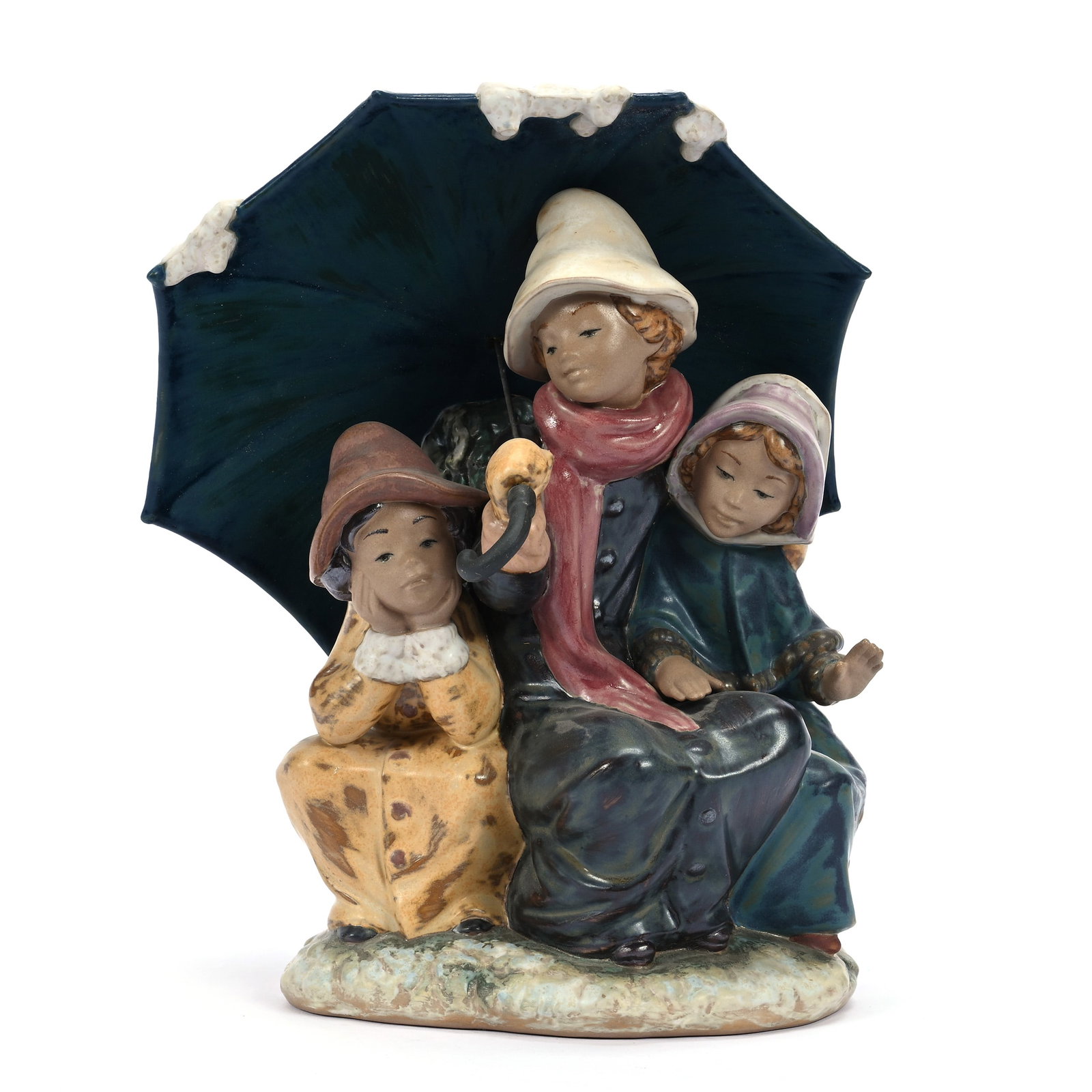 Figural Group Marked Lladro Titled "Three Under The Umbrella" #3513, Circa 1978, Gres Finish: Figural Group Marked Lladro Titled "Three Under The Umbrella" #3513, Circa 1978, Gres Finish, 9.5" x 7.5", Estate Of Marvin And Elfriede MIller, North Dakota.
