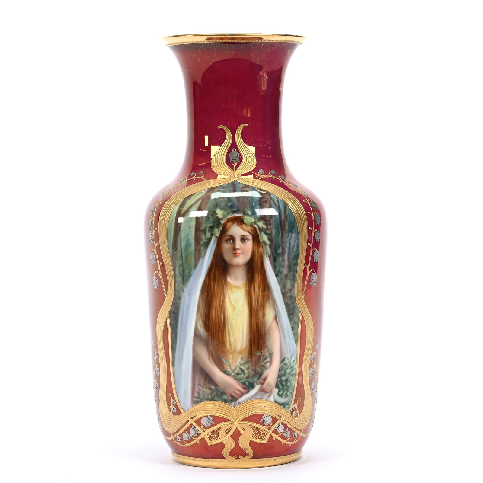 Vase Marked R. T. Bavaria, Hand Painted Portrait Of Young Woman In Woods, Red Luster Background: Vase Marked R. T. Bavaria, Hand Painted Portrait Of Young Woman In Woods, Red Luster Background, 10.75" x 4.75", Silver Bell Lily Highlights, Estate Of Marvin And Elfriede MIller, North Dakota.