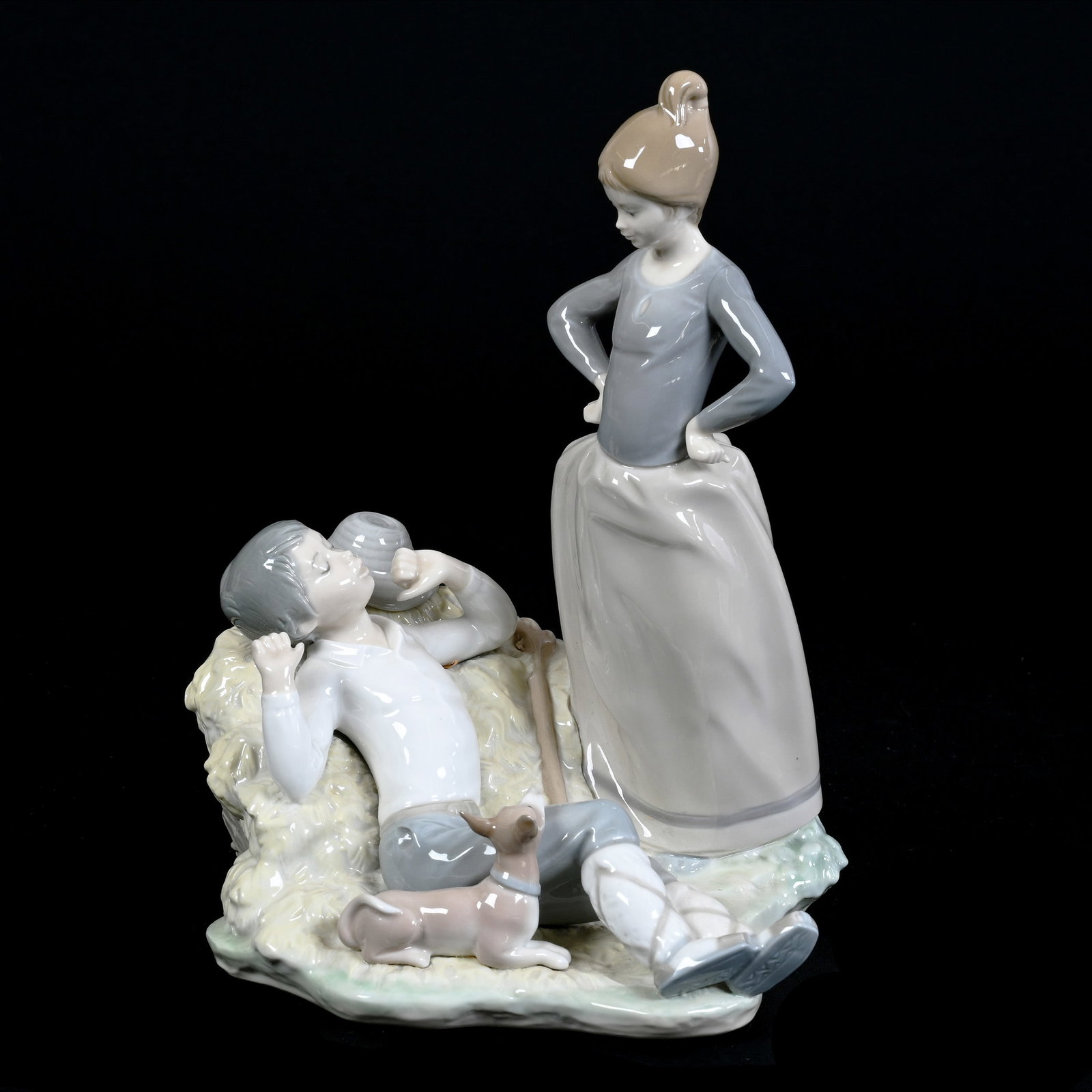 Figural Group Marked With Double Lladro Stamp Titled "Laziness" #4925: Figural Group Marked With Double Lladro Stamp Titled "Laziness" #4925, 10.5" x 7.5", Estate Of Marvin And Elfriede MIller, North Dakota.