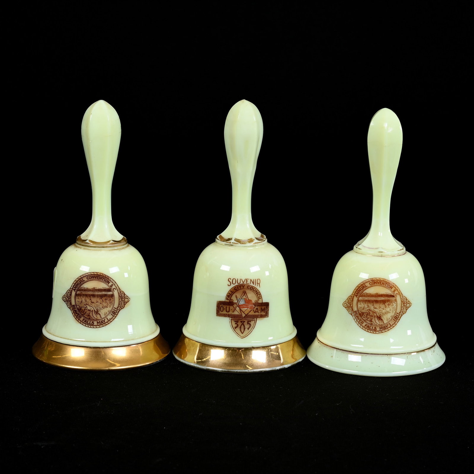 (3) Custard Glass Souvenir Bells, All Are Annual Convention 1911 Beaver Falls, Falls City Council: (3) Custard Glass Souvenir Bells, All Are Annual Convention 1911 Beaver Falls, Falls City Council, 6.25" x 3.25", Two Without Clappers, Highly Reactive Under Black Light, Estate Of Marvin And Elfriede