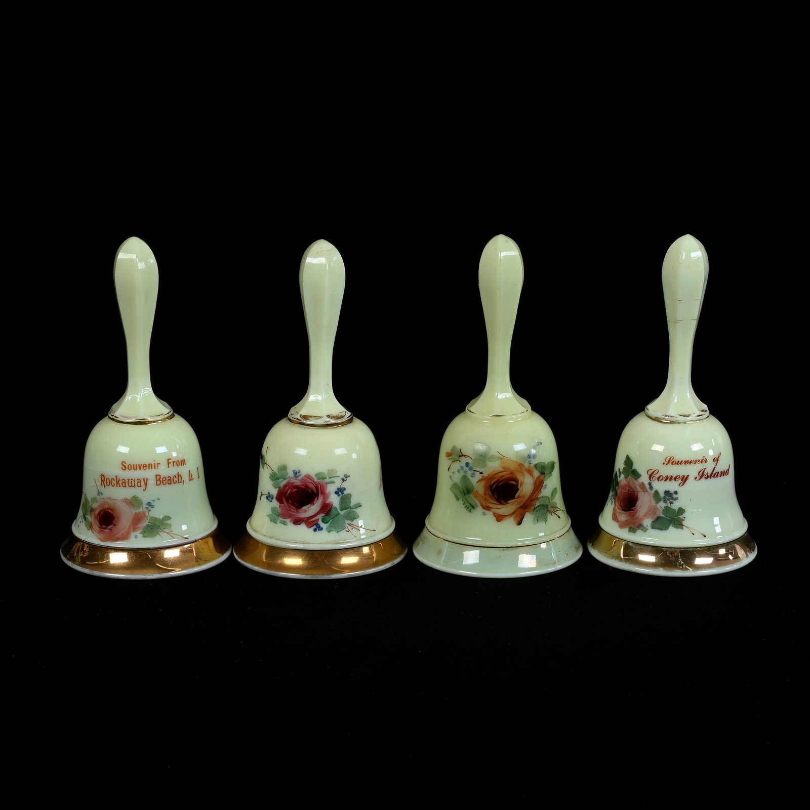 (4) Custard Glass Souvenir Bells: (4) Custard Glass Souvenir Bells, 6.25" x 3.25", (1) Rockaway Beach, (1) Coney Island, (1) Personalized With Name, (1) Ohio Centennial, Some Gold Wear, Highly Reactive Under Black Light, Estate Of Mar