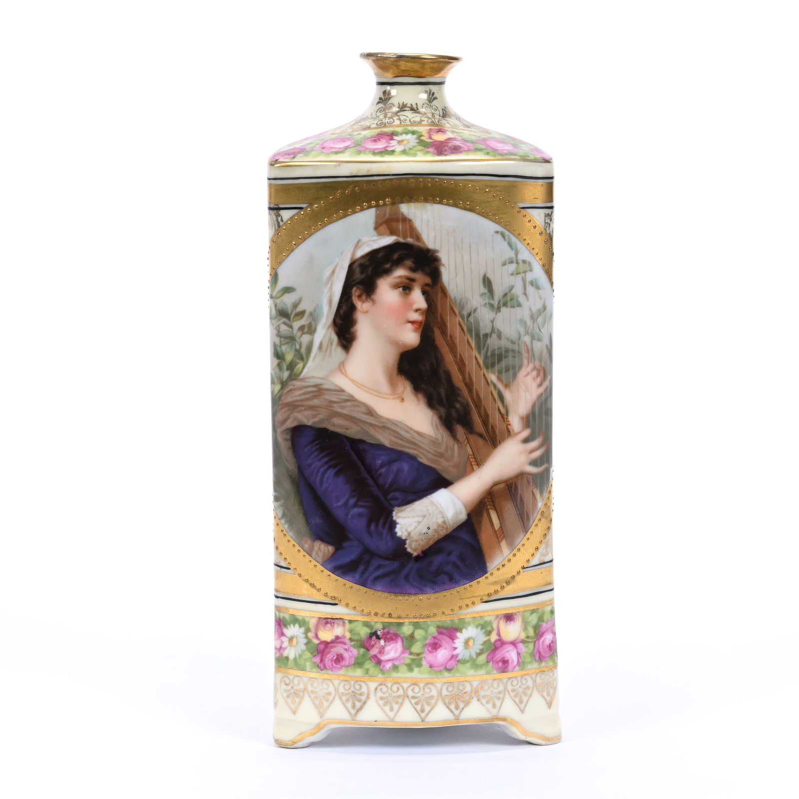 Vase, Three-Sided, Marked Prov Saxe, Portrait Of Woman Playing Harp, Nice Gold Highlights: Vase, Three-Sided, Marked Prov Saxe, Portrait Of Woman Playing Harp, Nice Gold Highlights, 7.25" x 3", Estate Of Marvin And Elfriede MIller, North Dakota.