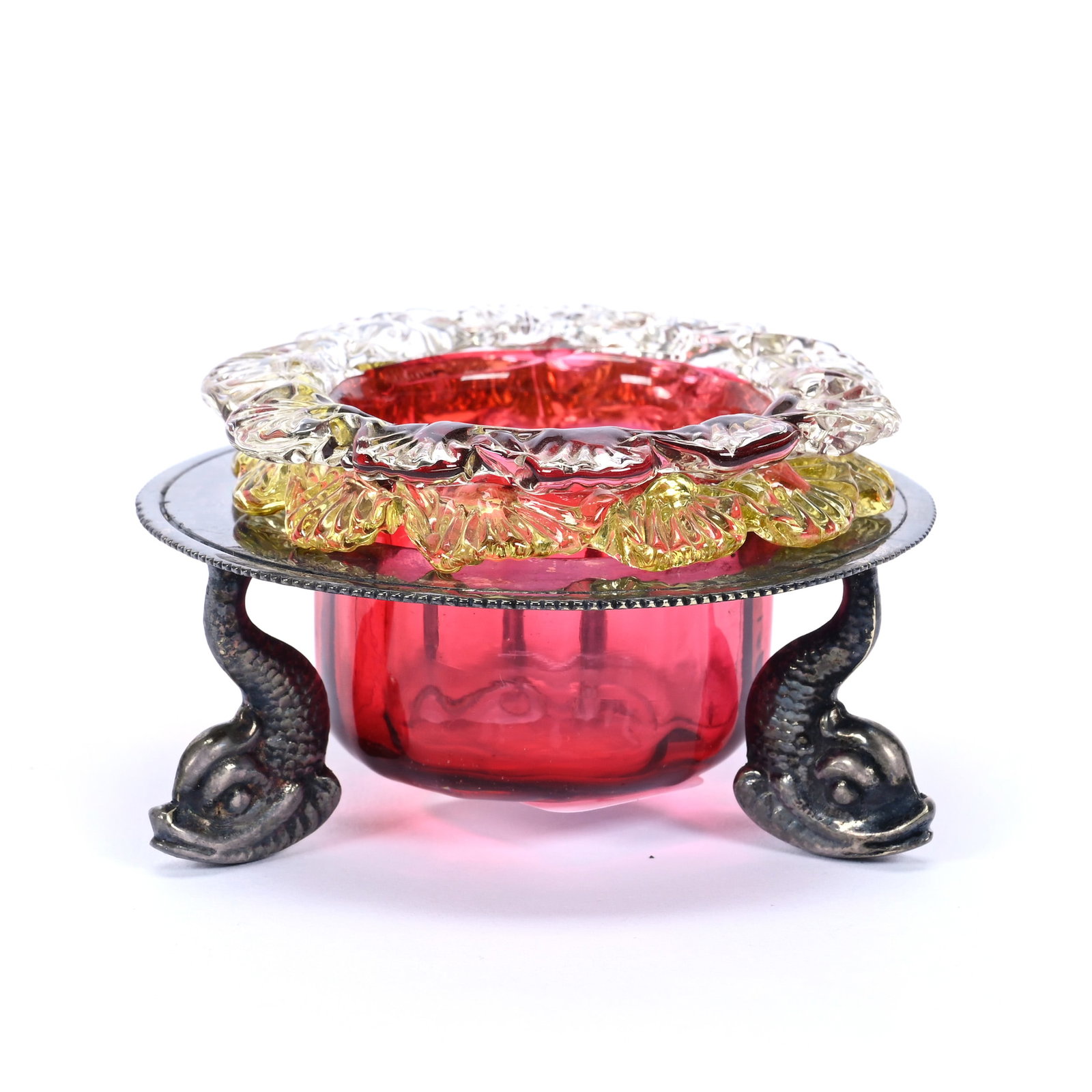 Salt Dip, Cranberry Art Glass Bowl With Clear And Vaseline Applied Rigoree Rim: Salt Dip, Cranberry Art Glass Bowl With Clear And Vaseline Applied Rigoree Rim, 1.5" x 3", Silverplate Stand With Figural Dolphin Feet, Estate Of Marvin And Elfriede MIller, North Dakota.