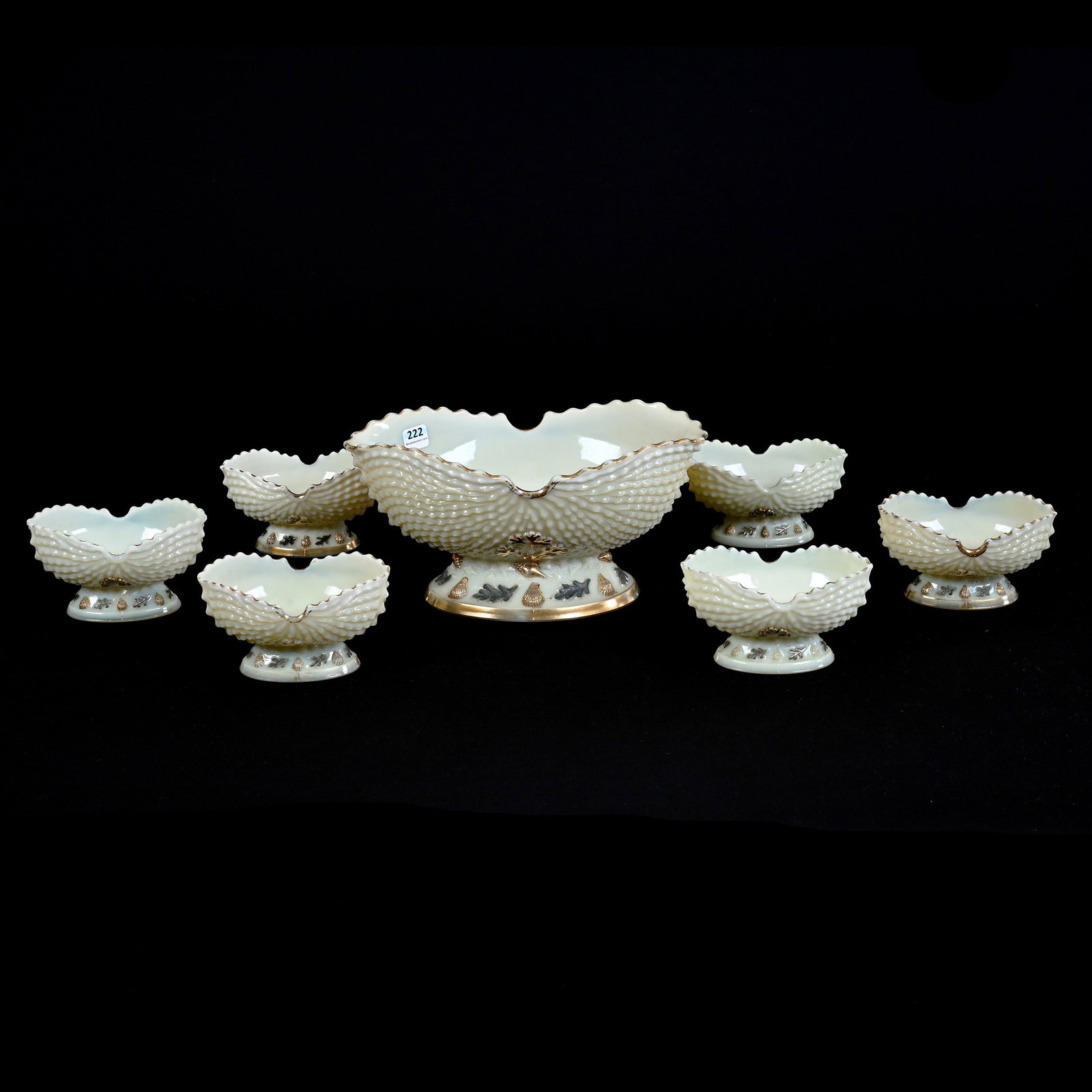 Berry Set, Custard Glass, Argonaut Shell Pattern By Northwood: Berry Set, Custard Glass, Argonaut Shell Pattern By Northwood, (1) 5.5" x 10.75" x 7" Master Berry Bowl, (6) Matching 5.25" Berry Dishes, Highly Reactive Under Black Light, Estate Of Marvin And Elfrie
