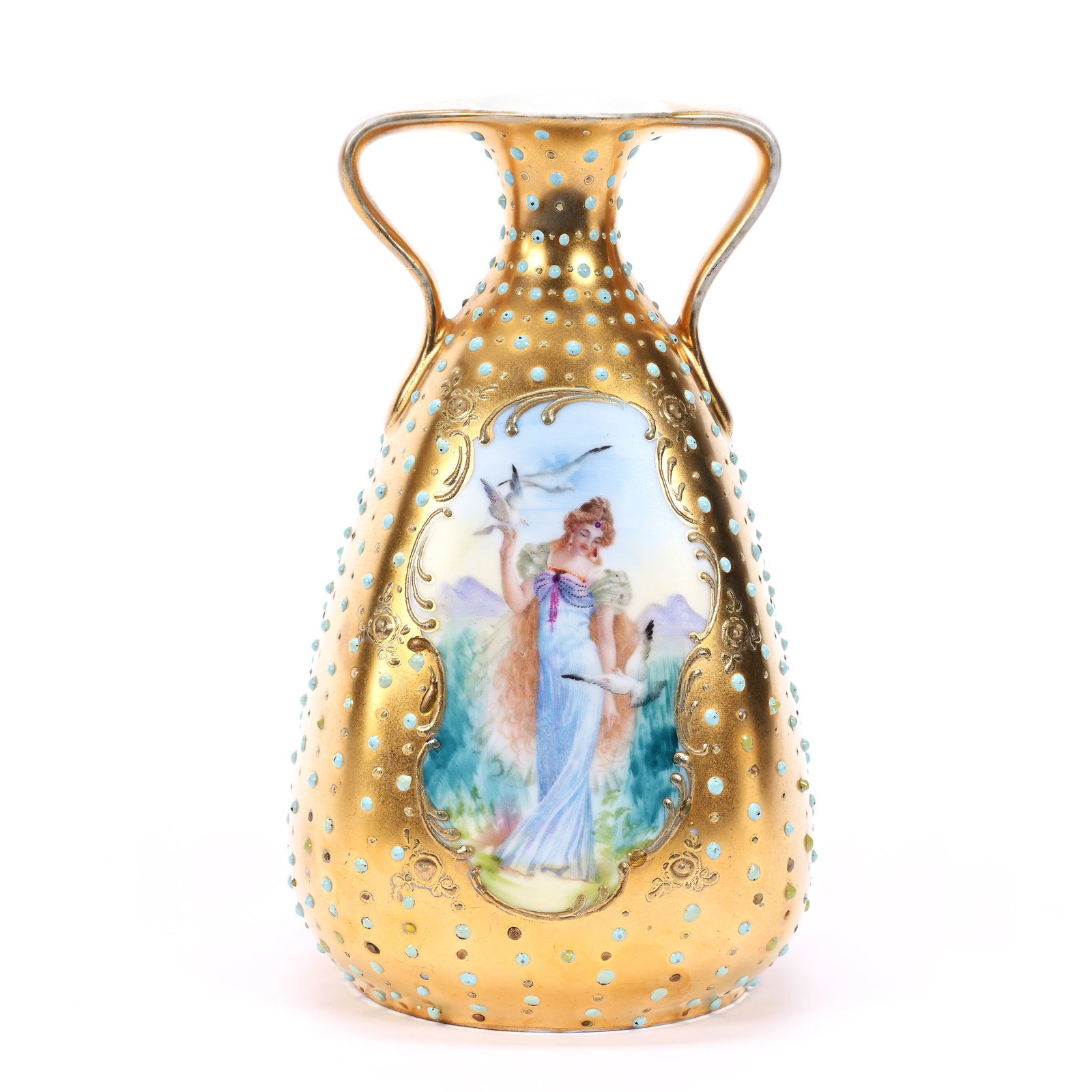 Vase, Two Handles, Marked Prov Saxe, Gold Background, Woman With Doves: Vase, Two Handles, Marked Prov Saxe, Gold Background, Woman With Doves, 5.75" x 3.5", Turquoise Enamel Tapestry Highlights, Estate Of Marvin And Elfriede MIller, North Dakota.