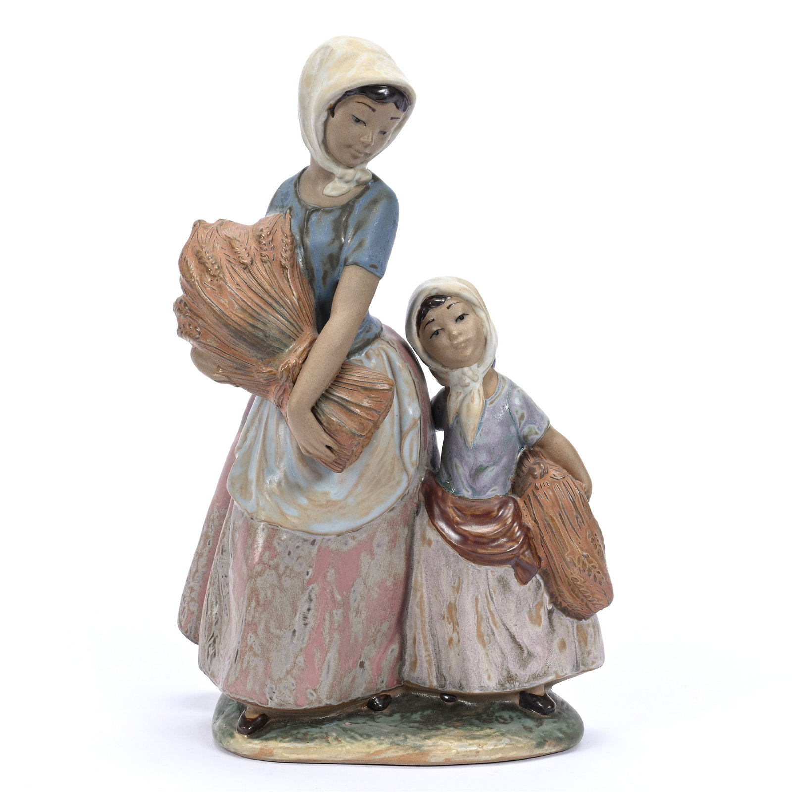 Figural Group Marked Lladro Titled "Girls Collecting Wheat" #2098, Circa 1978, Gres Finish: Figural Group Marked Lladro Titled "Girls Collecting Wheat" #2098, Circa 1978, Gres Finish, 9.5" x 6", Estate Of Marvin And Elfriede MIller, North Dakota.