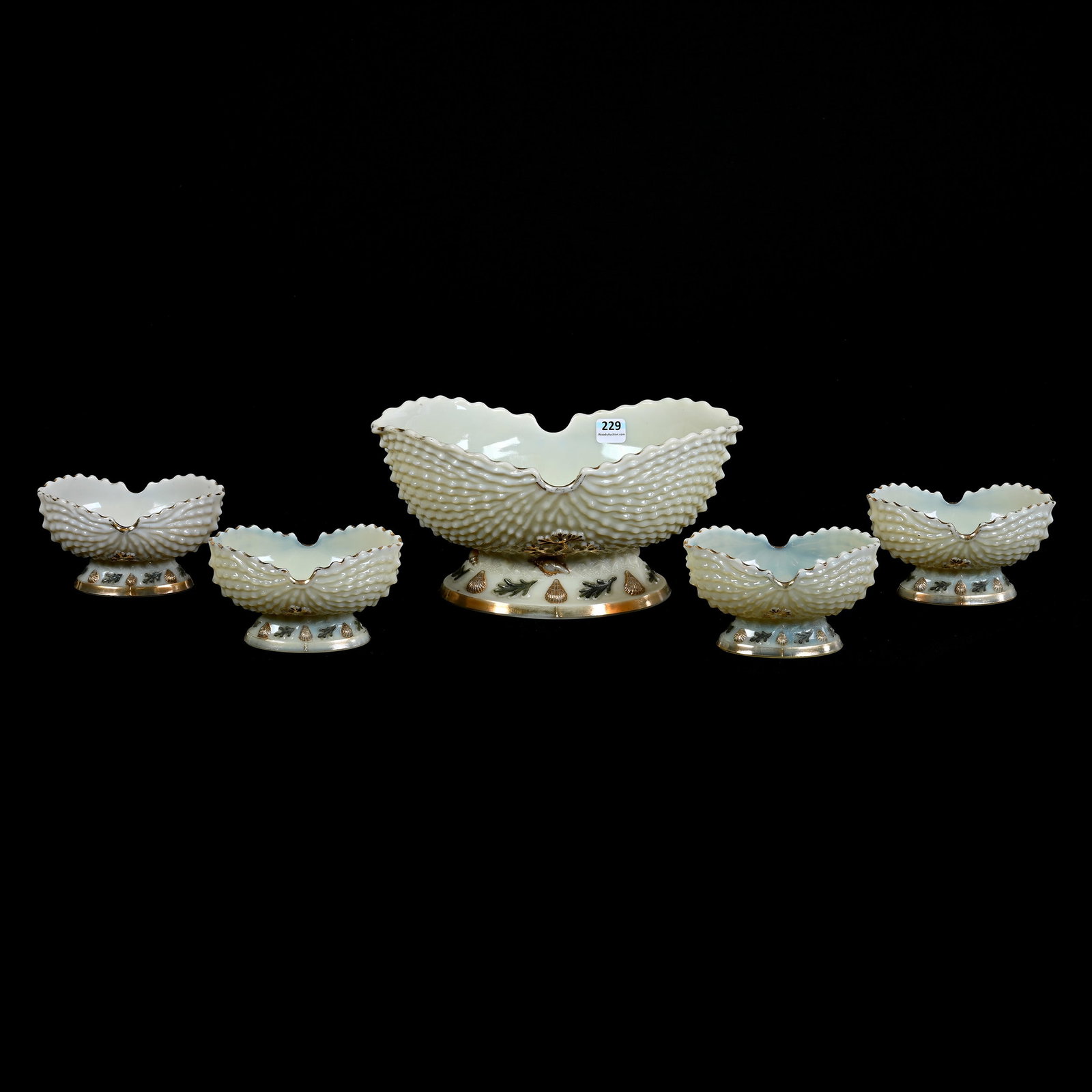 Berry Set, Custard Glass, Argonaut Shell Pattern By Northwood: Berry Set, Custard Glass, Argonaut Shell Pattern By Northwood, (1) 5.25" x 10.25" x 7.25" Master Berry Bowl, (4) Matching 5.5" Berry Dishes, Highly Reactive Under Black Light, Estate Of Marvin And Elf