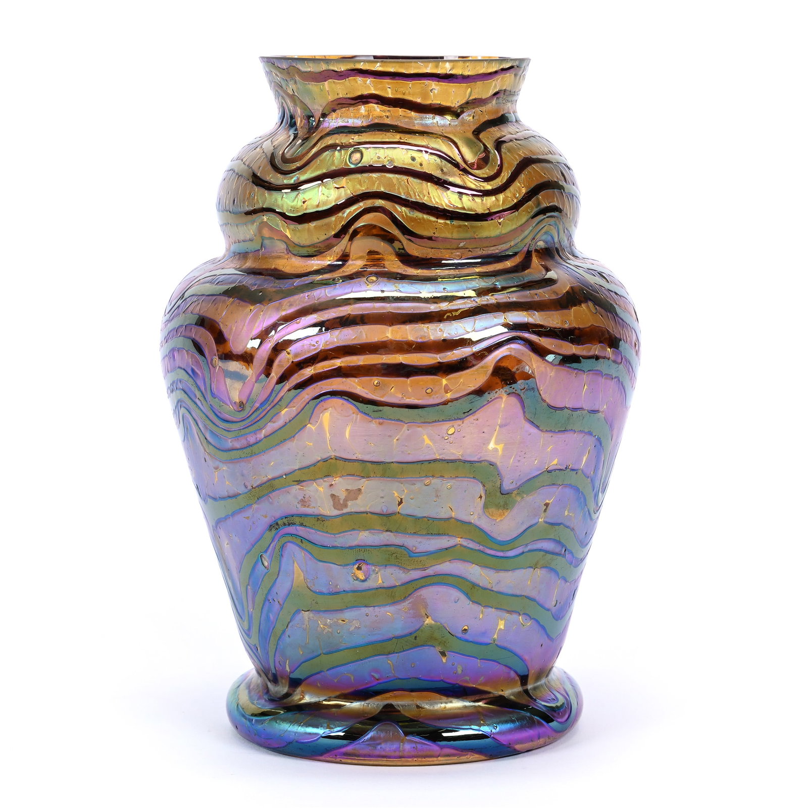 Vase In Style Of Loetz Art Glass, Beautiful Iridescent Blue, Lavender And Green Striated Designs: Vase In Style Of Loetz Art Glass, Beautiful Iridescent Blue, Lavender And Green Striated Designs, 6.5" x 4.5", Estate Of Marvin And Elfriede MIller, North Dakota.