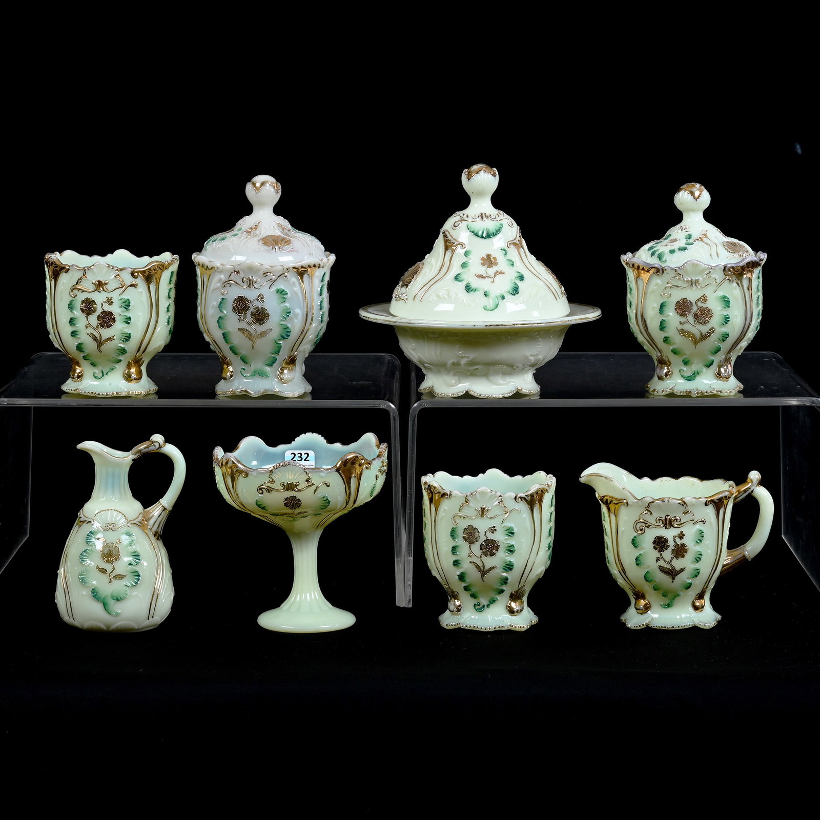 (8) Custard Glass Items In Everglades Pattern By Northwood, Green And Gold Highlights: (8) Custard Glass Items In Everglades Pattern By Northwood, Green And Gold Highlights, Butterdish, (2) Covered Sugars, Creamer, (2) Spooners, Compote, And Cruet Without Stopper, Highly Reactive Under 