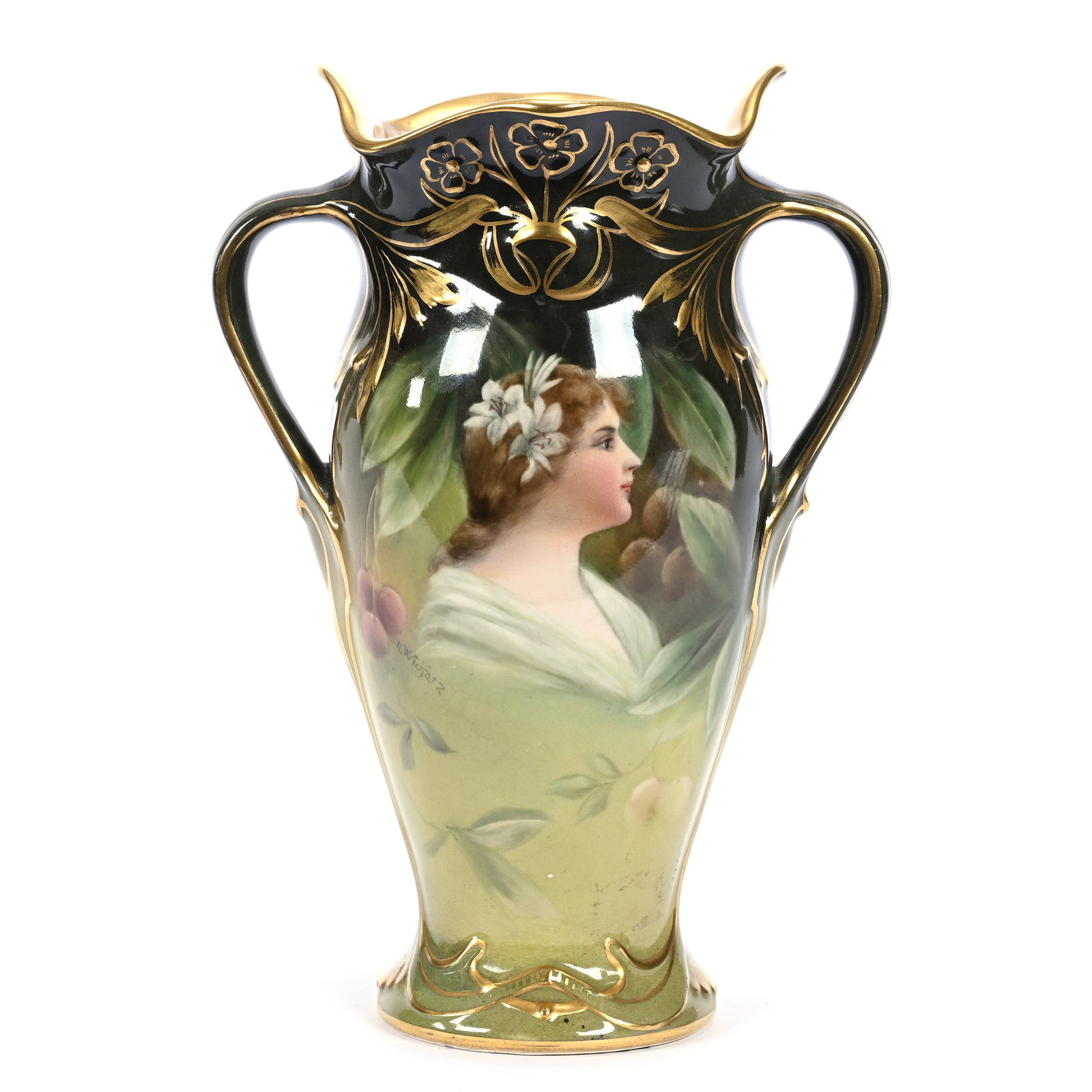 Vase, Two Handles, Marked Royal Bonn, Green And Yellow Tones, Portrait Of Young Woman W/Cherries: Vase, Two Handles, Marked Royal Bonn, Green And Yellow Tones, Portrait Of Young Woman W/Cherries, 8.25" x 5.75" x 3.75", Gold Trim Highlights, Estate Of Marvin And Elfriede MIller, North Dakota.