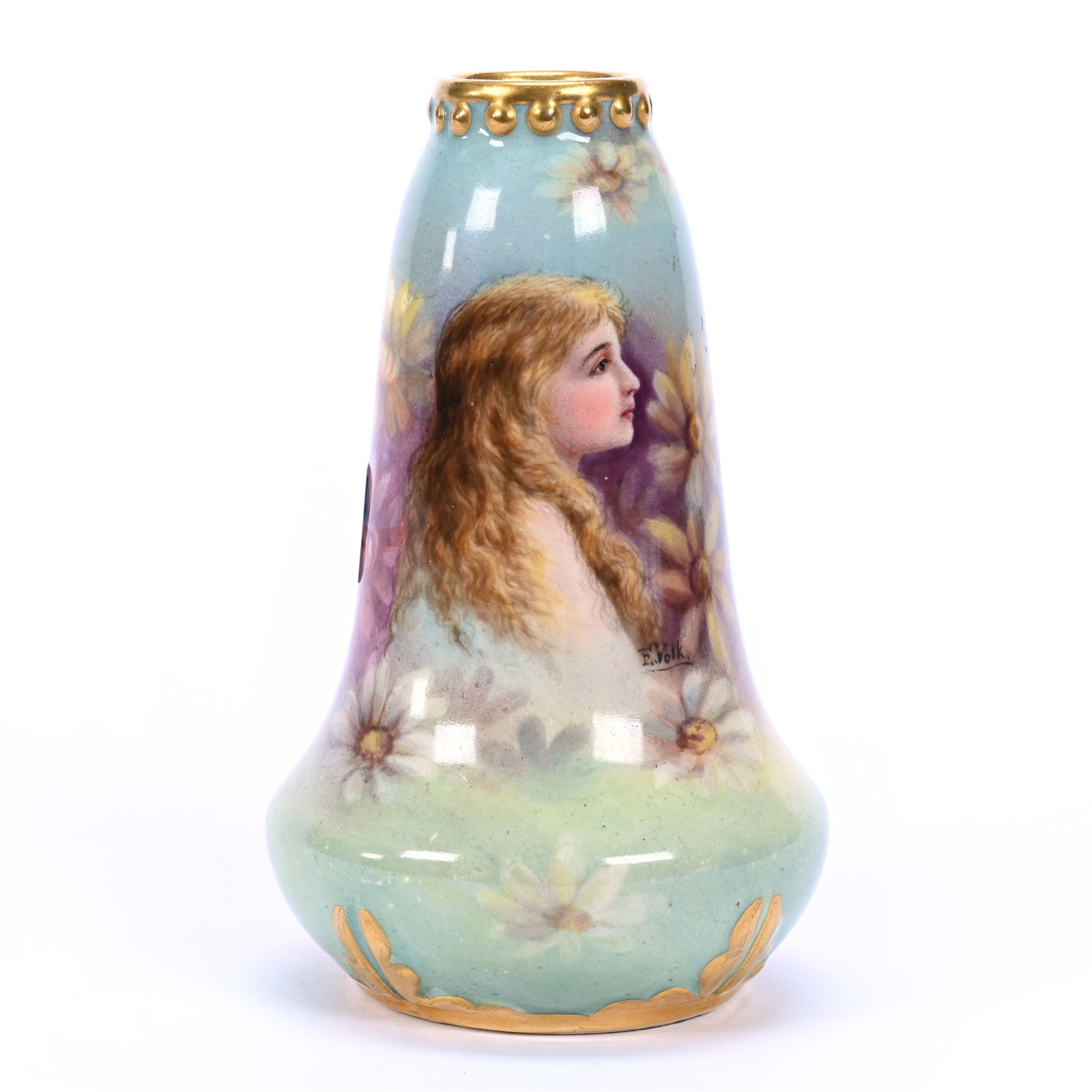 Vase Marked Royal Bonn, Blue And Green Pastel, Portrait Of Young Woman With Flowers: Vase Marked Royal Bonn, Blue And Green Pastel, Portrait Of Young Woman With Flowers, 5.25" x 3.25", Estate Of Marvin And Elfriede MIller, North Dakota.