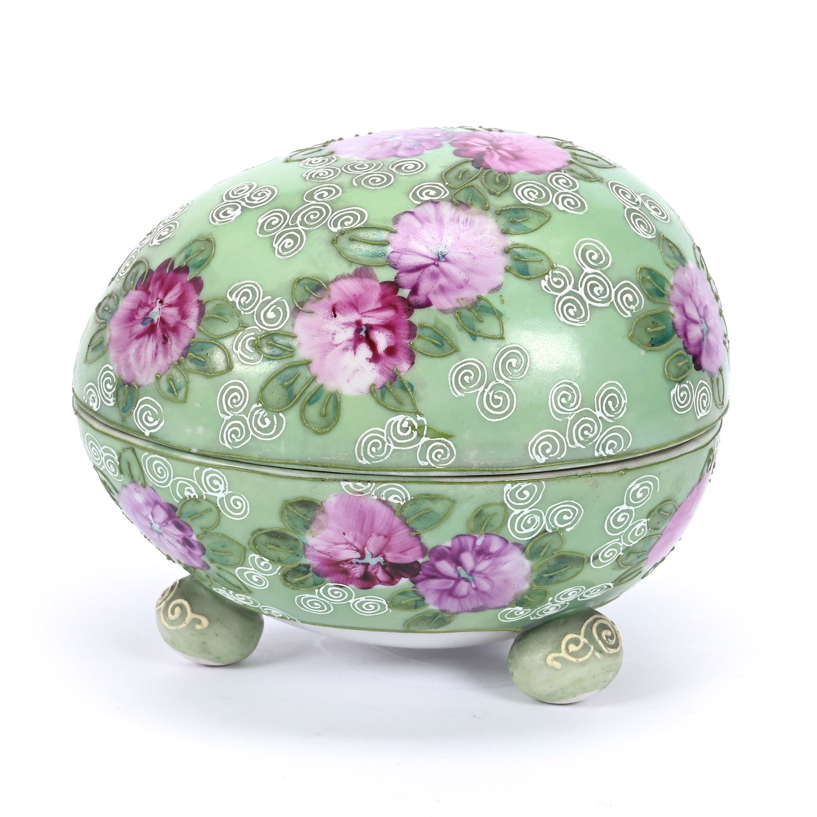 Covered Box, Egg Shape, Unmarked Nippon Style, Green With Lavender Floral Decor: Covered Box, Egg Shape, Unmarked Nippon Style, Green With Lavender Floral Decor, 4.5" x 5.25", Estate Of Marvin And Elfriede MIller, North Dakota.