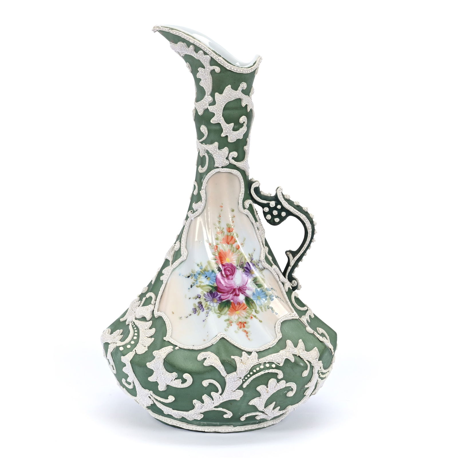 Ewer, Nippon, Green Tones, Colorful Floral Decor, Heavy Moriaga Overlay: Ewer, Nippon, Green Tones, Colorful Floral Decor, Heavy Moriaga Overlay, 8.5" x 5", Estate Of Marvin And Elfriede MIller, North Dakota.