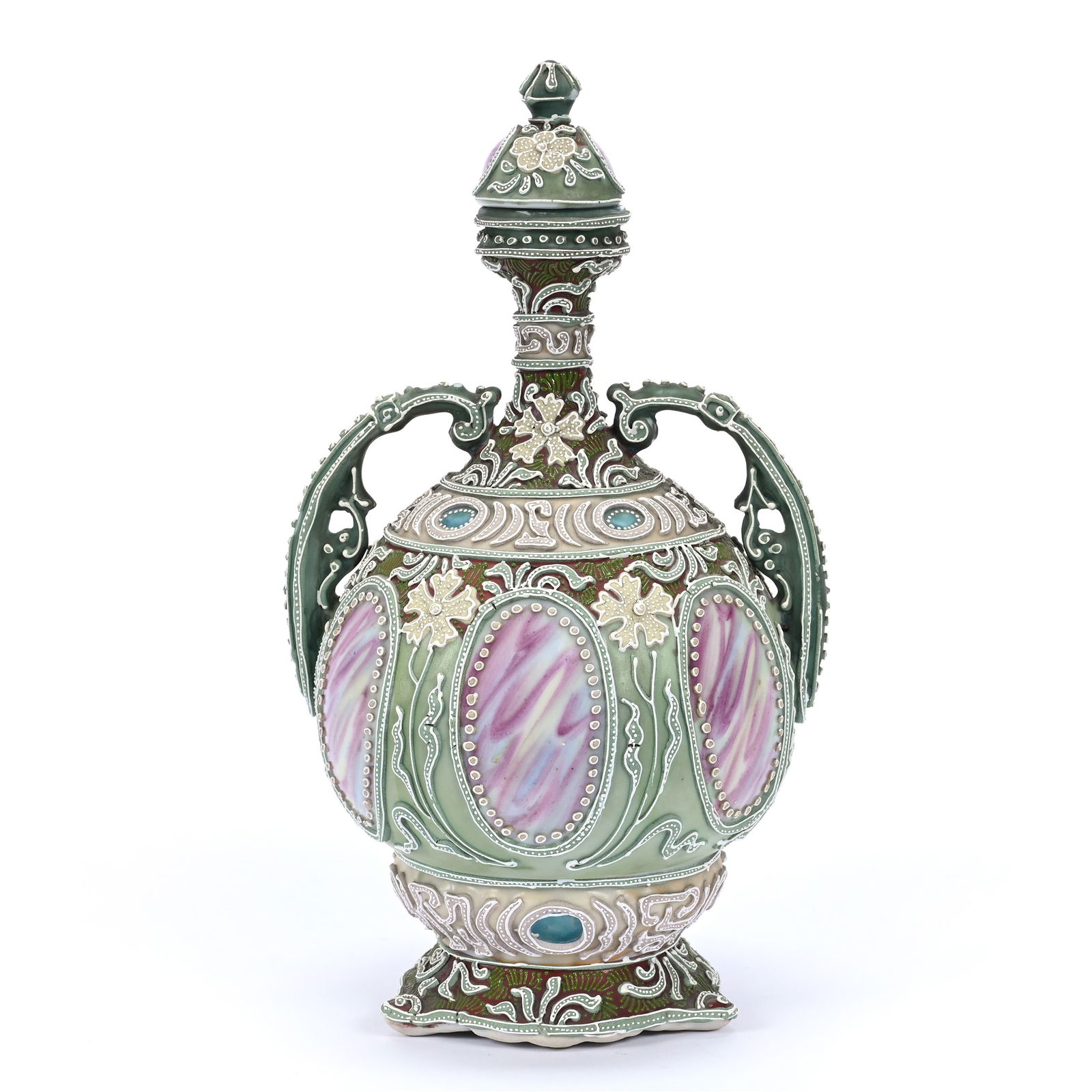 Covered Urn, Two Handles, Unmarked Nippon, Green Tones, Colorful Slag Panels,: Covered Urn, Two Handles, Unmarked Nippon, Green Tones, Colorful Slag Panels, 9.5" x 5.5", Extensive Moriaga Highlights, Matching Lid, Estate Of Marvin And Elfriede MIller, North Dakota.