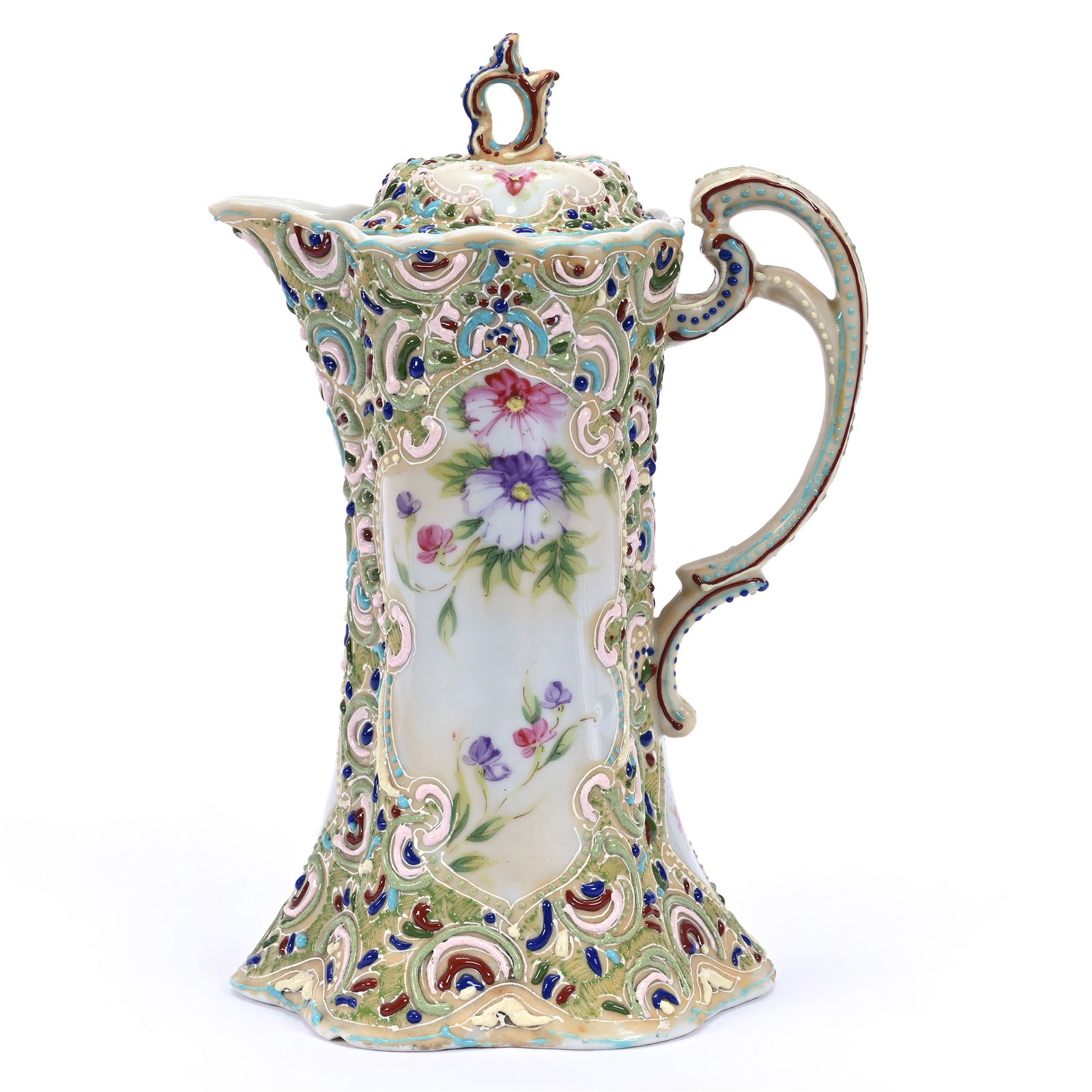 Chocolate Pot, Unmarked Nippon Style, White And Green, Colorful Floral Decor: Chocolate Pot, Unmarked Nippon Style, White And Green, Colorful Floral Decor, 7.75" x 5", Extensive Colorful Enamel Highlights, Base Chip, Estate Of Marvin And Elfriede MIller, North Dakota.