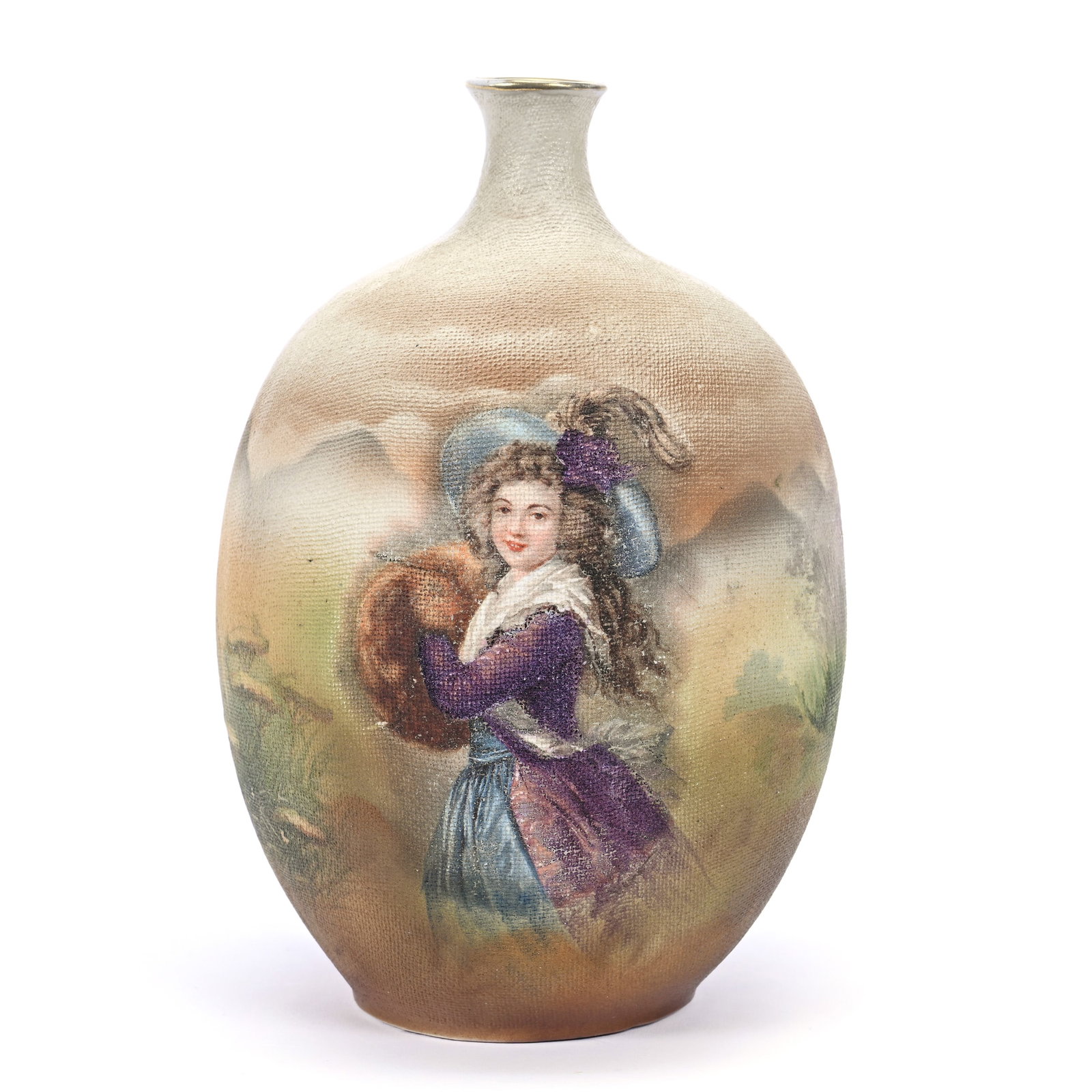 Vase, Royal Bayreuth Blue Mark, Tapestry Finish, Muff Girl Scenic Decor: Vase, Royal Bayreuth Blue Mark, Tapestry Finish, Muff Girl Scenic Decor, 7" x 4.5", Estate Of Marvin And Elfriede MIller, North Dakota.