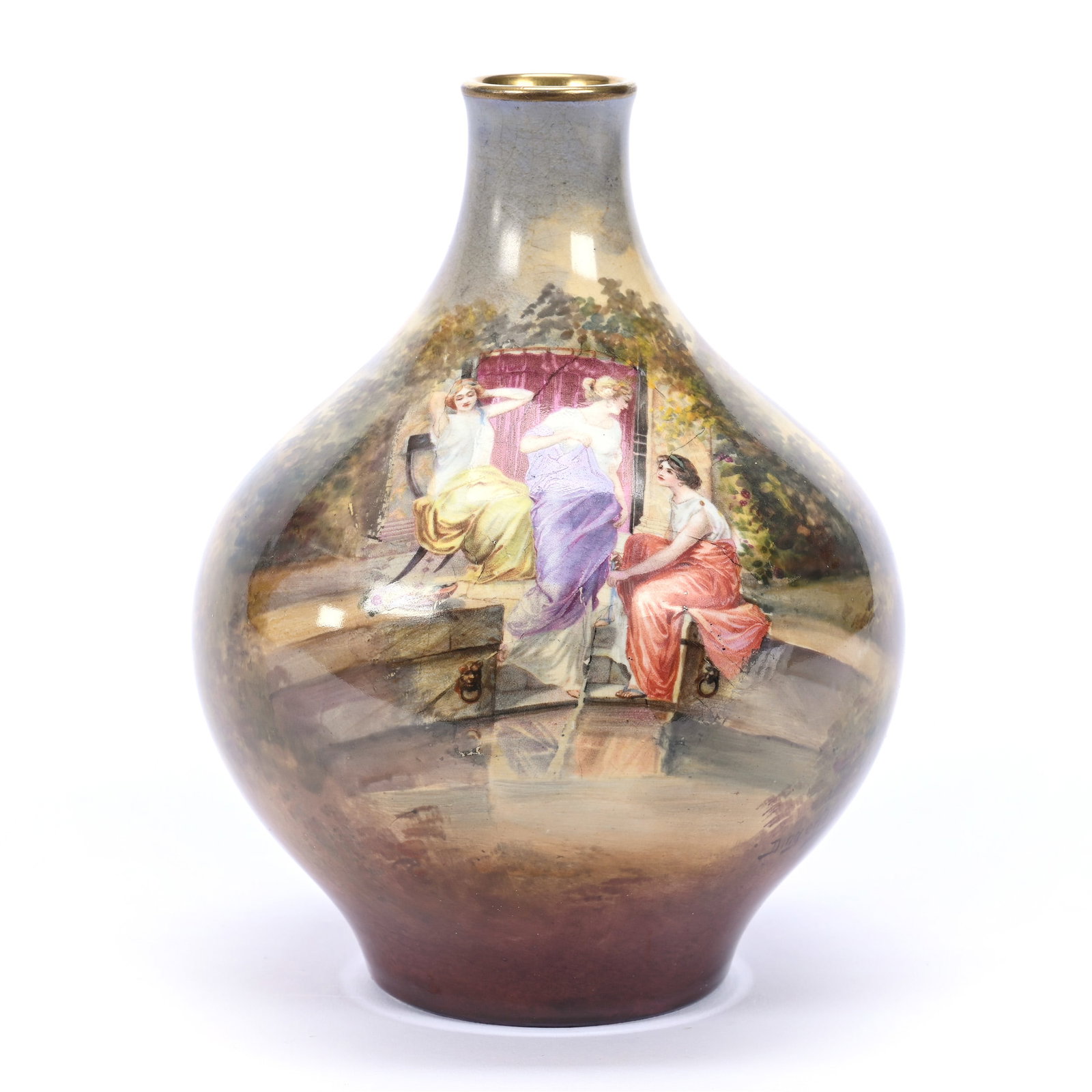Vase Marked Royal Bonn, Scenic Decor With Three Women: Vase Marked Royal Bonn, Scenic Decor With Three Women, 5.75" x 4.5", Estate Of Marvin And Elfriede MIller, North Dakota.