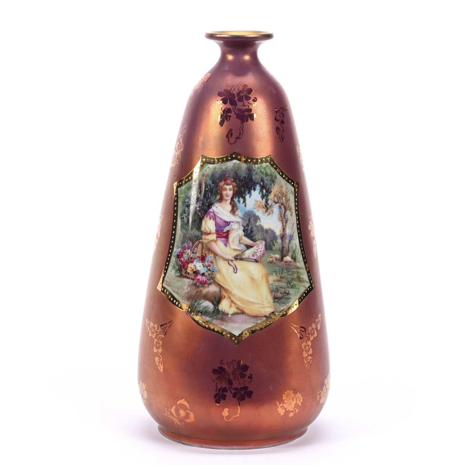 Vase Marked Velvet China, Highly Iridescent Ground With Scene Of Woman Seated With Fan: Vase Marked Velvet China, Highly Iridescent Ground With Scene Of Woman Seated With Fan, 10.25" x 5", This Is The First Woody Auction Has Seen The "Velvet China" Mark, Estate Of Marvin And Elfriede MIl