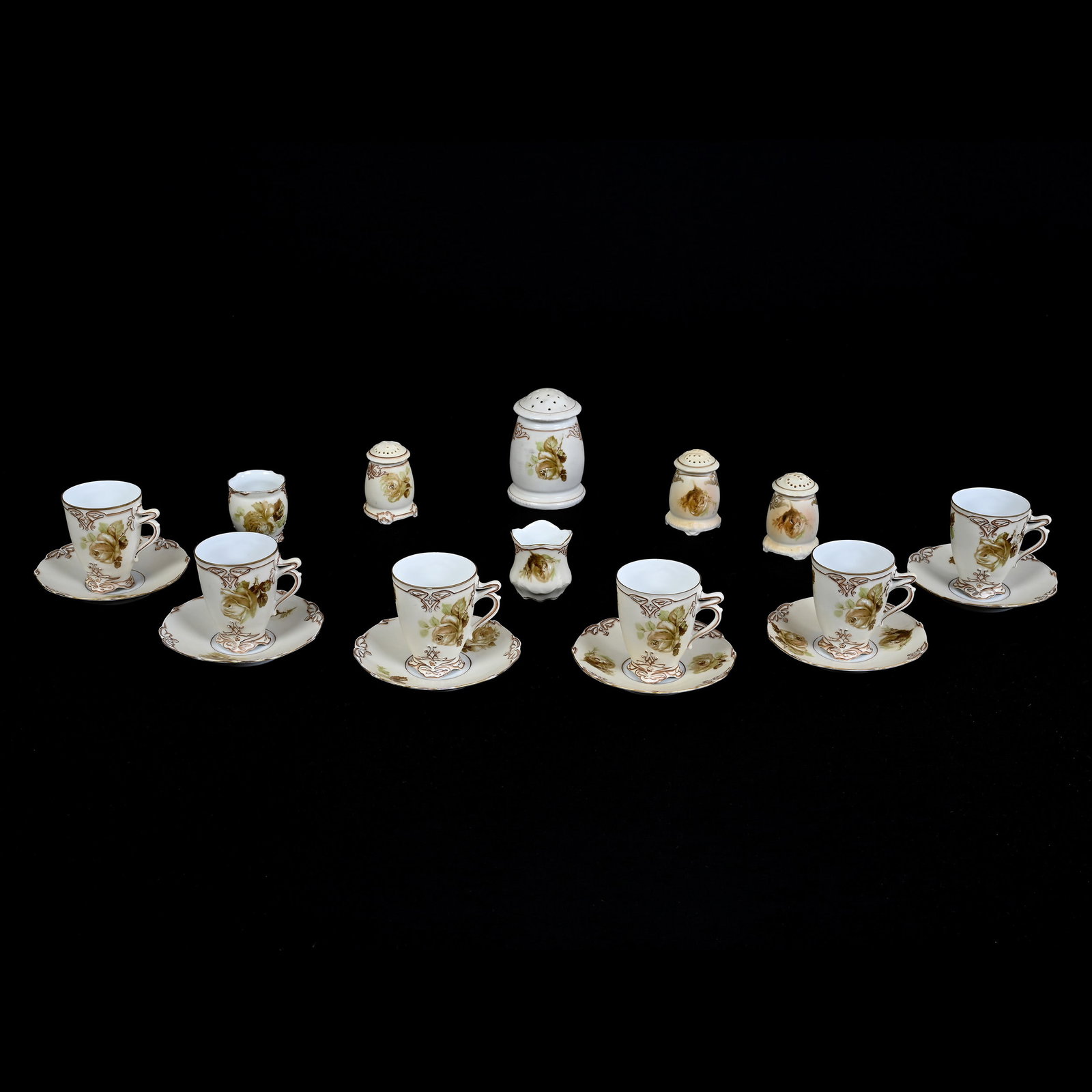 (12) Assorted Old Ivory Porcelain: (12) Assorted Old Ivory Porcelain, (6) Cups And Saucers, (3) Saltshakers, (1) Muffineer, (2) Toothpick Holders, Estate Of Marvin And Elfriede MIller, North Dakota.