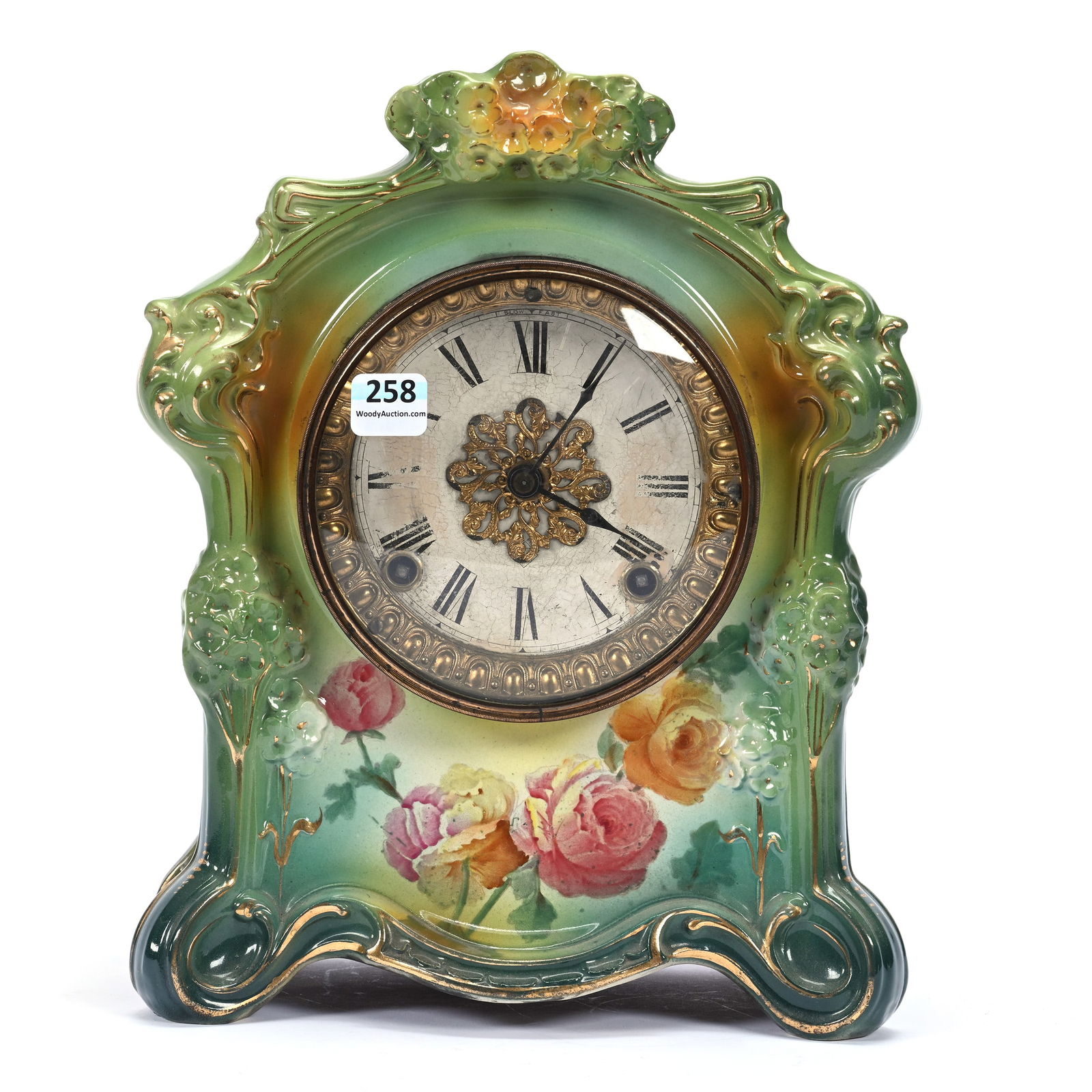 Mantel Clock Marked Royal Bonn With "La Scarpe" China Case, Ansonia Clock Works: Mantel Clock Marked Royal Bonn With "La Scarpe" China Case, Ansonia Clock Works, 11" x 9", Estate Of Marvin And Elfriede MIller, North Dakota.