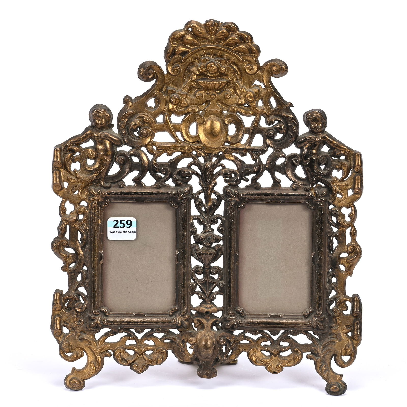 Solid Brass Double Picture Frame, 3.5" x 2.5" Frame Size: Solid Brass Double Picture Frame, 3.5" x 2.5" Frame Size, 11" x 9.5", Easel Back Works, But Seems To Need Adjusting, Estate Of Marvin And Elfriede MIller, North Dakota.
