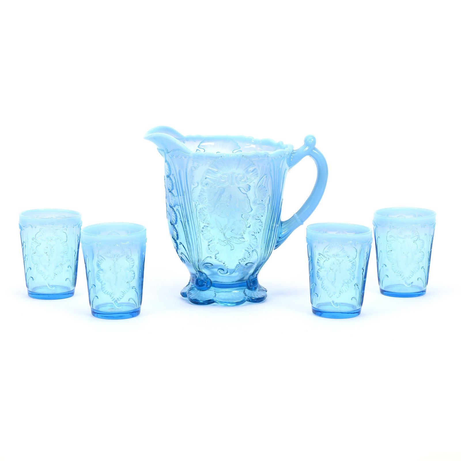 Water Set, Blue Opalescent Everglades Pattern By Northwood: Water Set, Blue Opalescent Everglades Pattern By Northwood, (1) 8" x 8.5" Pitcher, (4) Matching 4" Tumblers, Estate Of Marvin And Elfriede MIller, North Dakota.