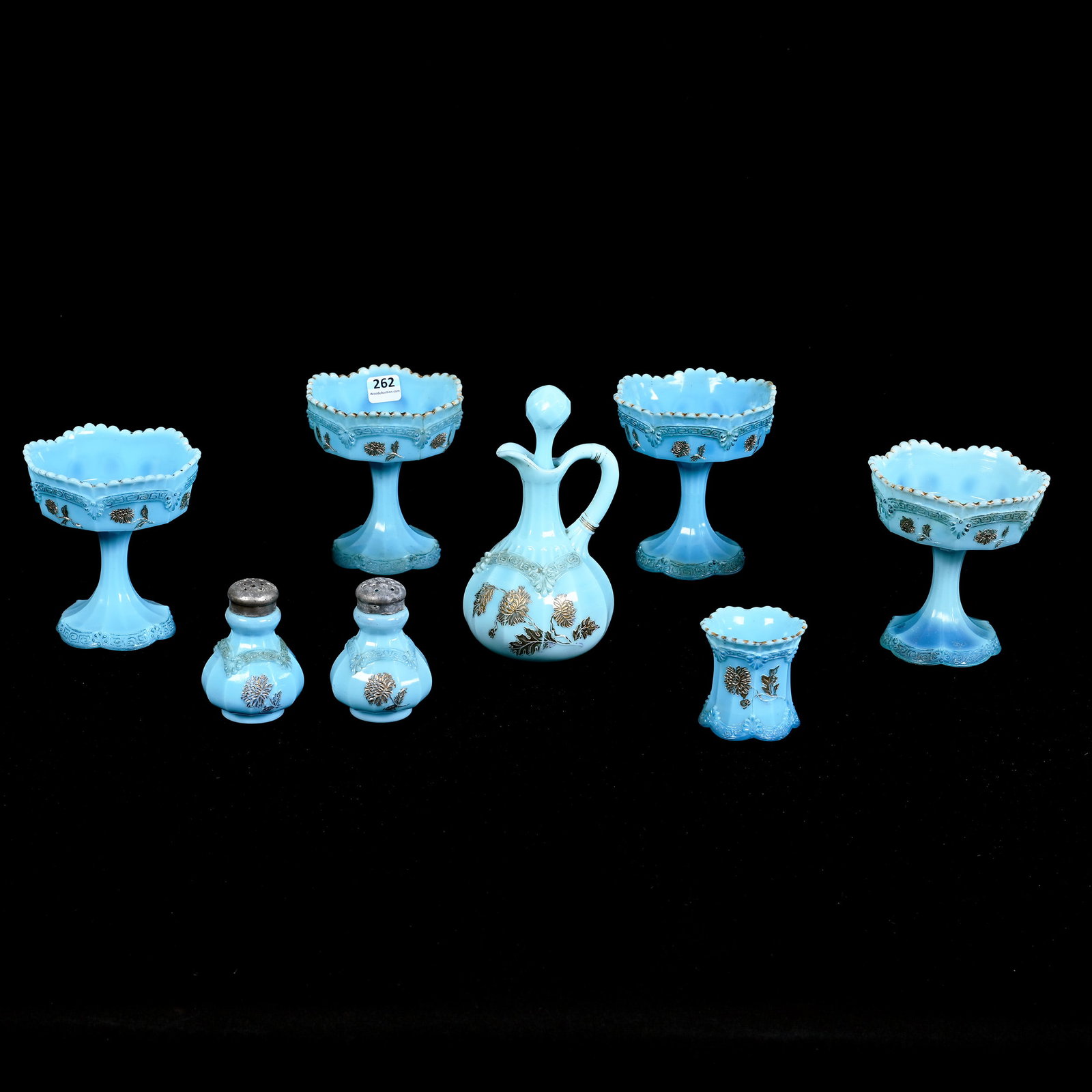 (8) Items, Blue Custard Chrysanthemum Sprig Pattern By Northwood: (8) Items, Blue Custard Chrysanthemum Sprig Pattern By Northwood, (4) Compotes, (1) Cruet Bottle, (1) Salt And Pepper Shakers, (1) Toothpick Holder, Estate Of Marvin And Elfriede MIller, North Dakota.