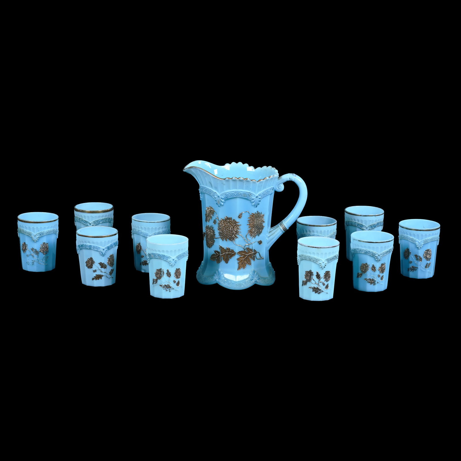 Water Set, Blue Custard Chrysanthemum Sprig Pattern By Northwood: Water Set, Blue Custard Chrysanthemum Sprig Pattern By Northwood, (1) 8.5" x 8.5" Pitcher, (10) Matching 3.75" Tumblers, Estate Of Marvin And Elfriede MIller, North Dakota.