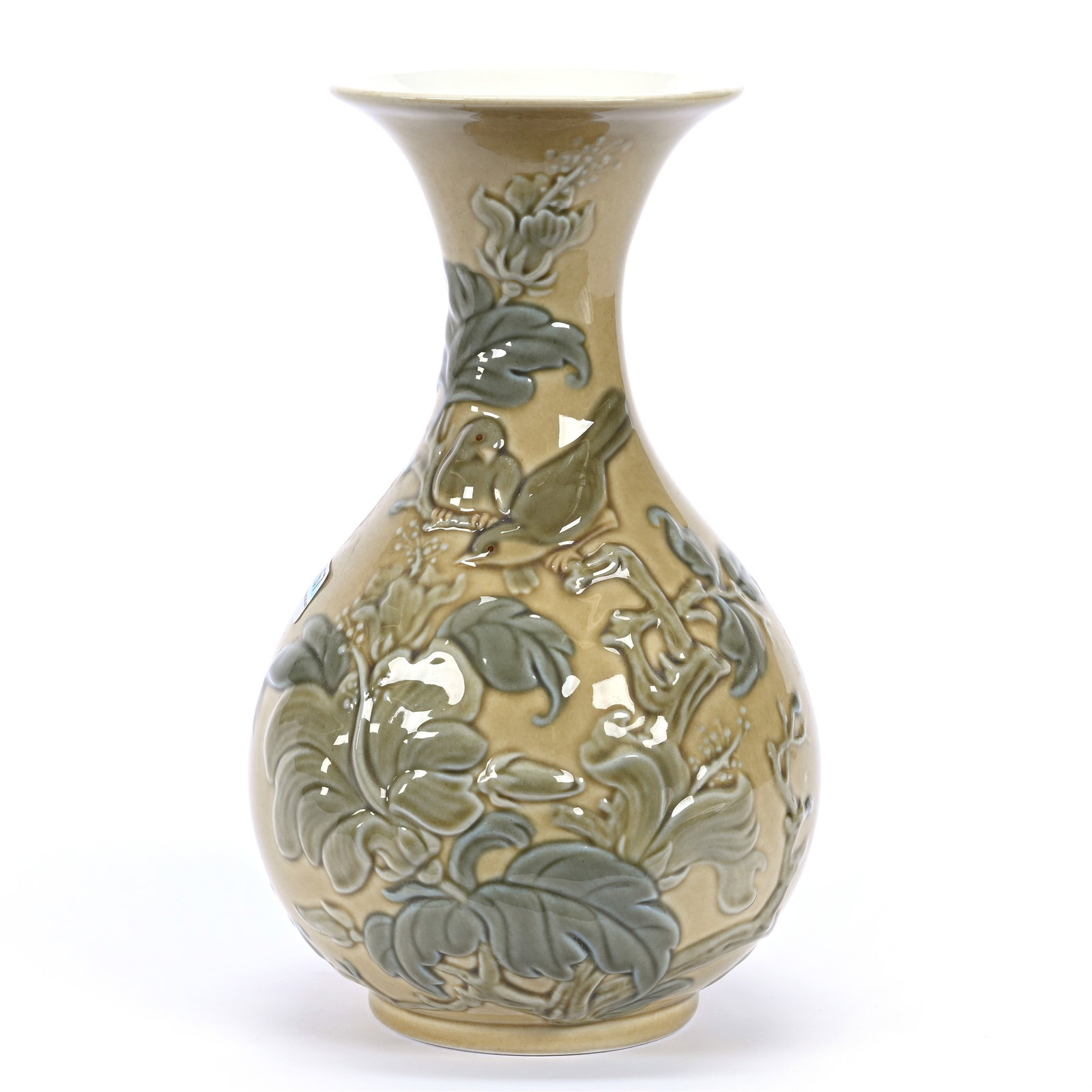 Vase Marked Lladro, Sparrow And Branch Decor: Vase Marked Lladro, Sparrow And Branch Decor, 10" x 6", Yellow Ground, Estate Of Marvin And Elfriede MIller, North Dakota.