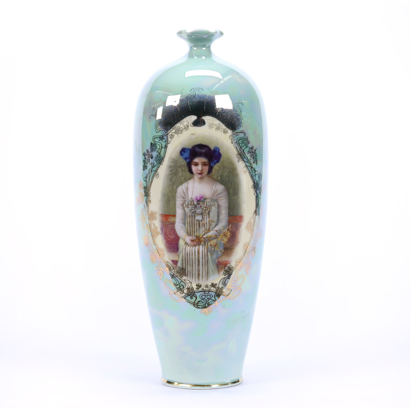Vase Marked Prov Saxe, Green Luster With Medallion Portrait Of Oriental Woman: Vase Marked Prov Saxe, Green Luster With Medallion Portrait Of Oriental Woman, 11.5" x 4.5", Estate Of Marvin And Elfriede MIller, North Dakota.