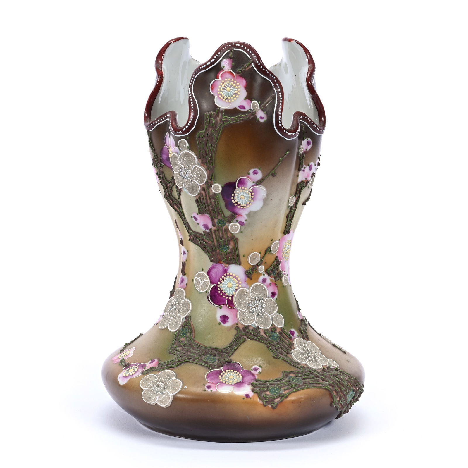 Vase Marked Nippon, Brown And Yellow Tones, Lavender Floral Decor: Vase Marked Nippon, Brown And Yellow Tones, Lavender Floral Decor, 7.75" x 5.25", Moriaga Branch And Blossom Highlights, Estate Of Marvin And Elfriede MIller, North Dakota.