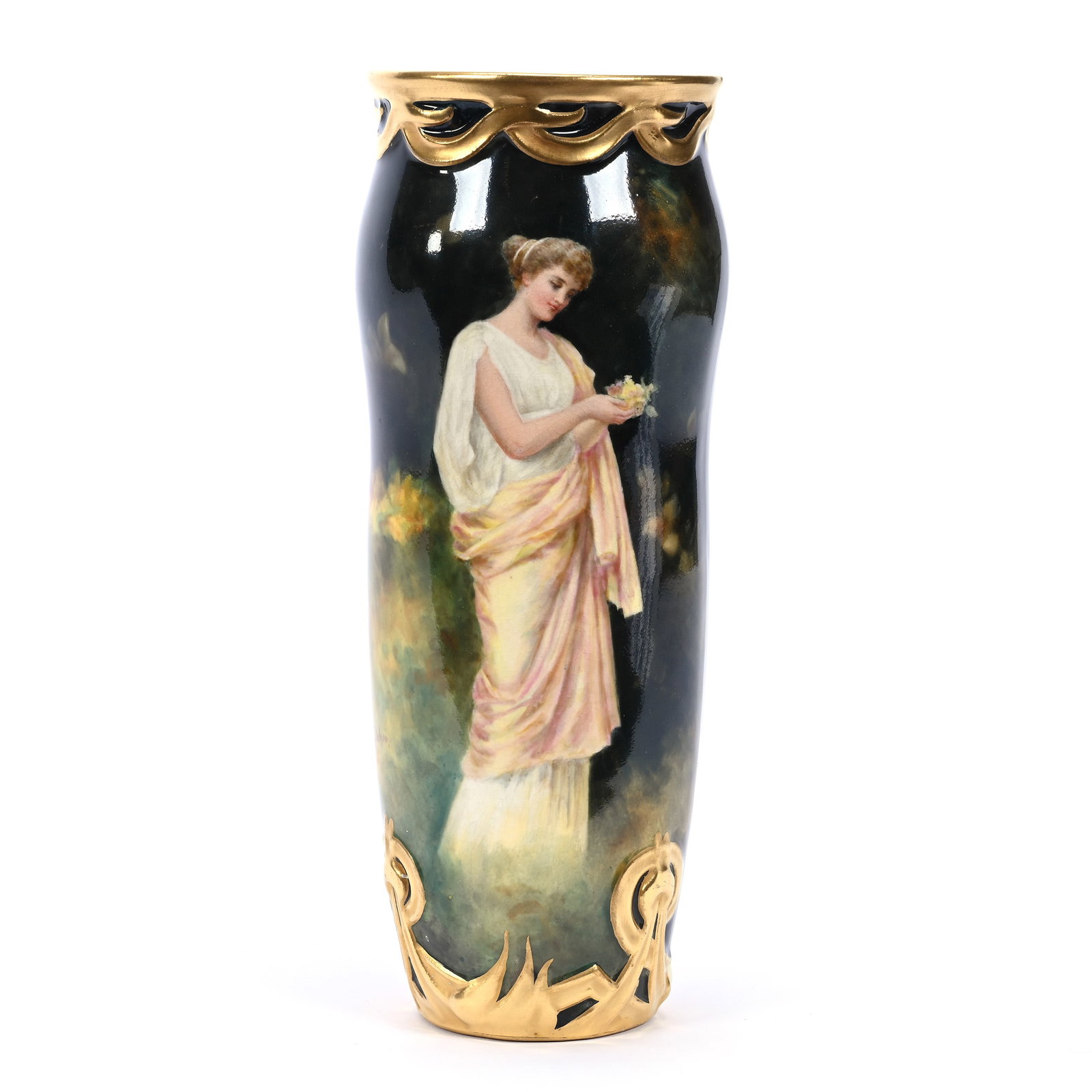 Vase Marked Royal Bonn, Green And Yellow Tones, Scene Of Young Woman In Field: Vase Marked Royal Bonn, Green And Yellow Tones, Scene Of Young Woman In Field, 9.25" x 3.5", Gold Trim Highlights, Estate Of Marvin And Elfriede MIller, North Dakota.