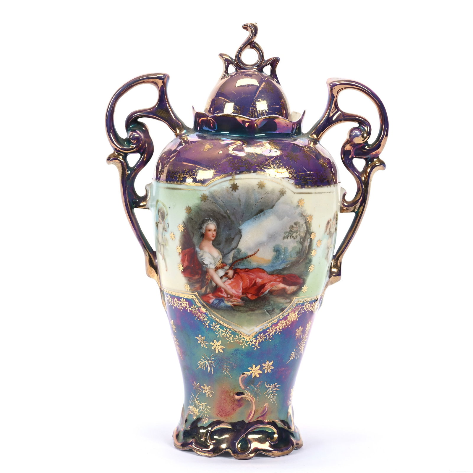 Covered Urn, Two Handles, Marked Royal Vienna, Iridescent Tiffany Ground: Covered Urn, Two Handles, Marked Royal Vienna, Iridescent Tiffany Ground, 9.5" x 6.25", Scenes Of Diana The Huntress And Flora, Estate Of Marvin And Elfriede MIller, North Dakota.