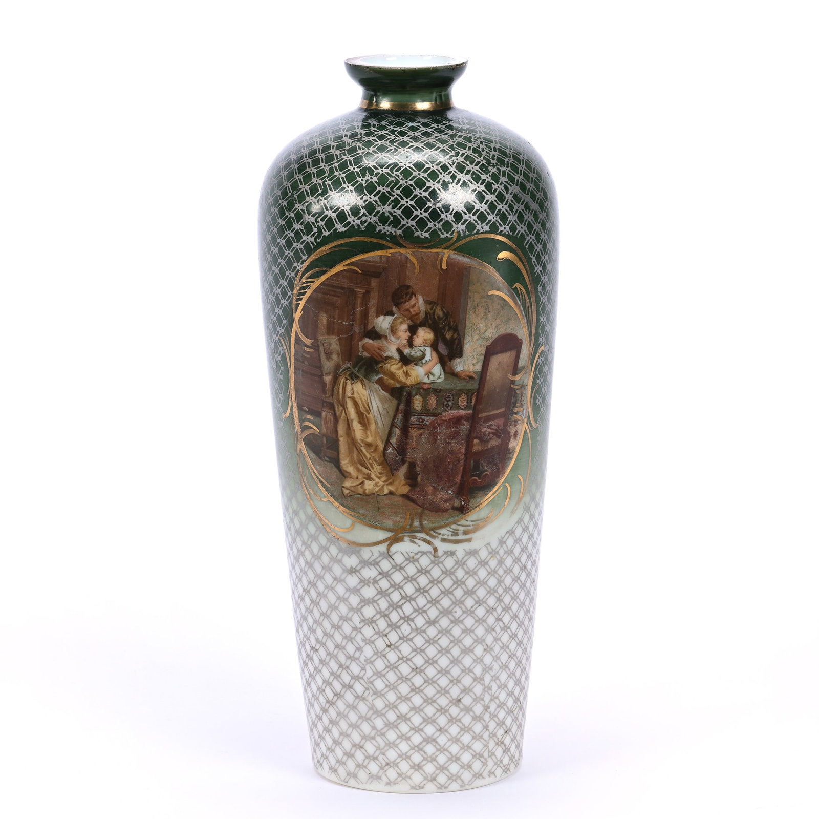 Vase, Opaline Glass, Green Shading To White, Scene Of Father, Mother And Child: Vase, Opaline Glass, Green Shading To White, Scene Of Father, Mother And Child, 11" x 4.5", Estate Of Marvin And Elfriede MIller, North Dakota.