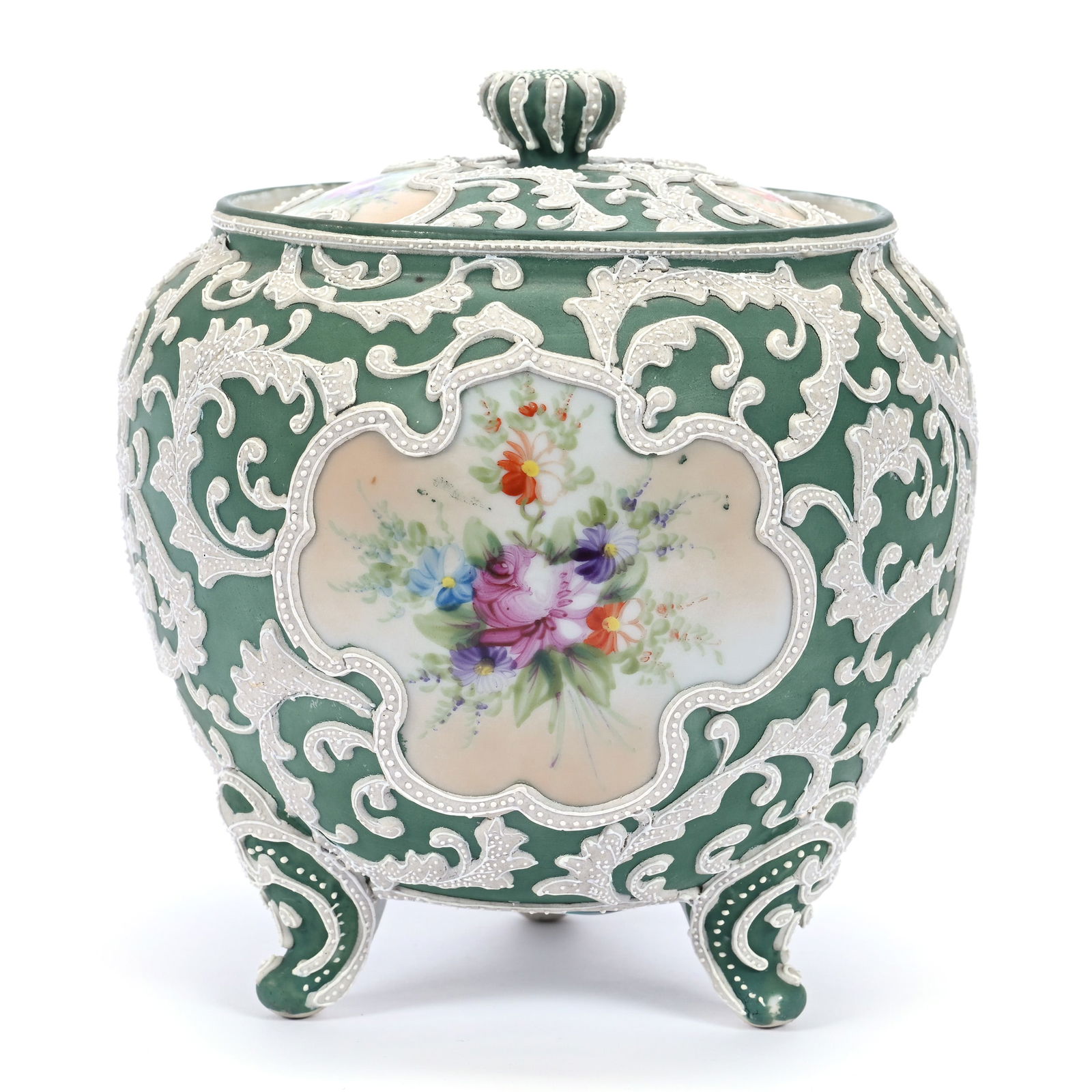 Footed Covered Biscuit Jar, Unmarked Nippon, Green With Colorful Floral Decor: Footed Covered Biscuit Jar, Unmarked Nippon, Green With Colorful Floral Decor, 6.5" x 6", Heavy Moriaga Highlights, Estate Of Marvin And Elfriede MIller, North Dakota.
