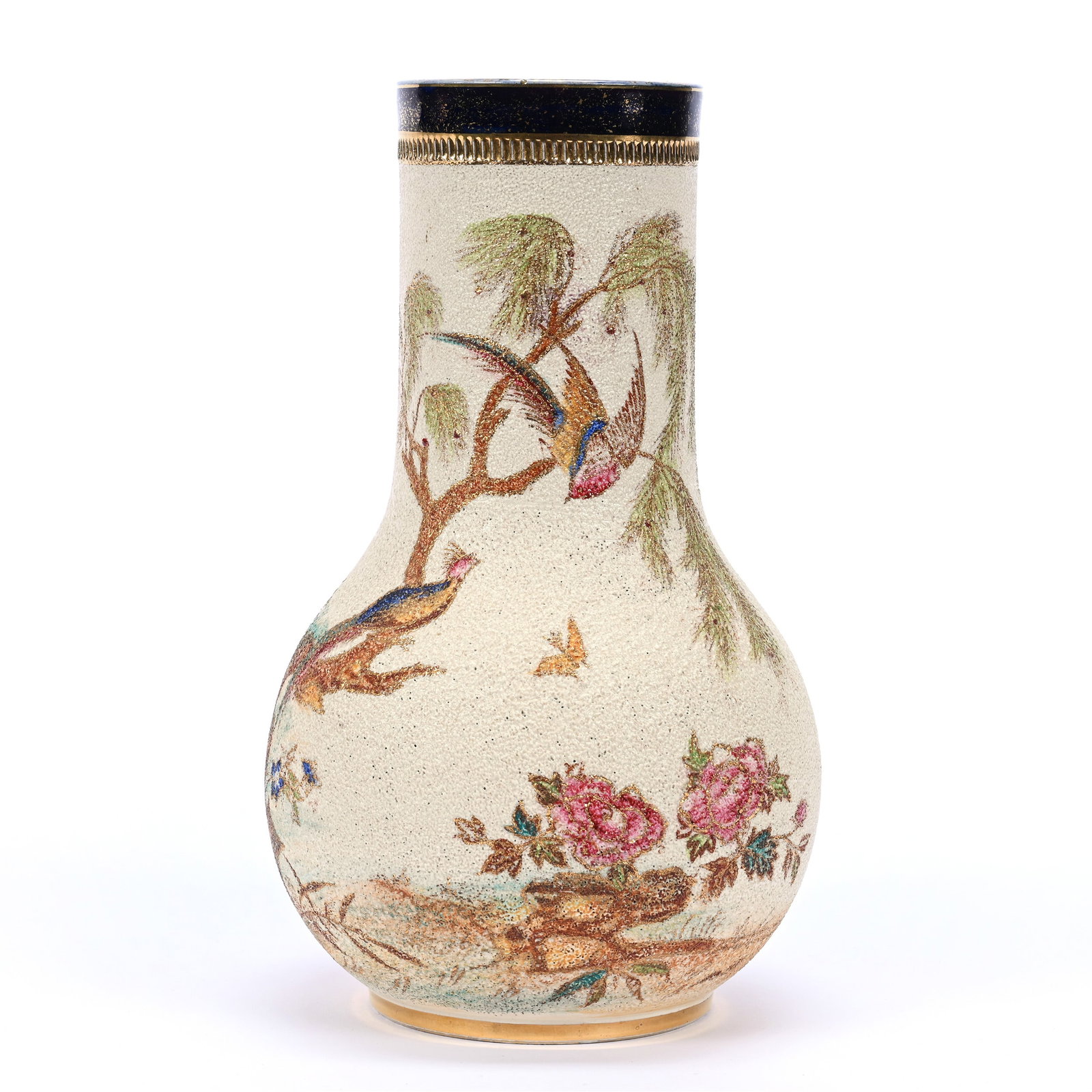 Vase Marked Albion Ware, Cream Tones, Tapestry Finish, Tropical Birds And Floral Decor: Vase Marked Albion Ware, Cream Tones, Tapestry Finish, Tropical Birds And Floral Decor, 8.5" x 5", Estate Of Marvin And Elfriede MIller, North Dakota.